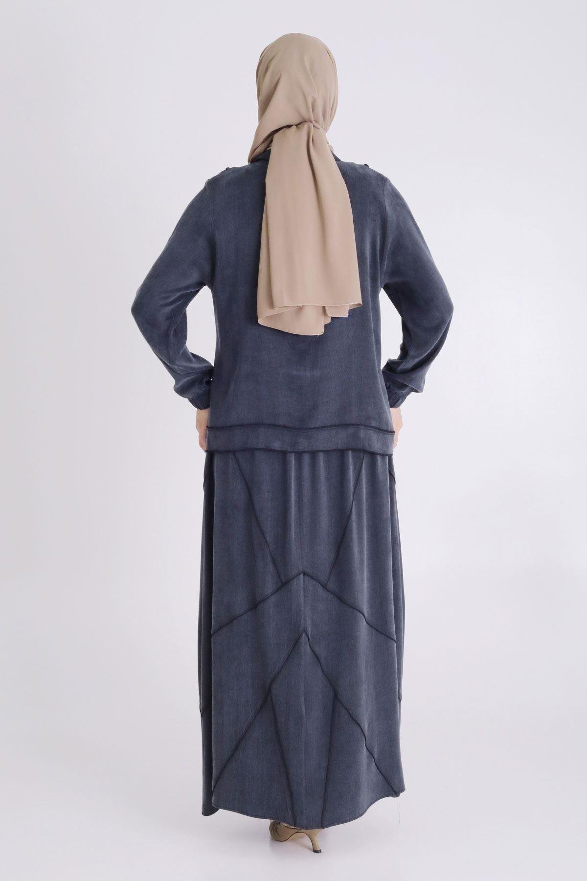 Büyük Beden Tesettür Qupra İpek Etekli Takım Siyah OTW35131