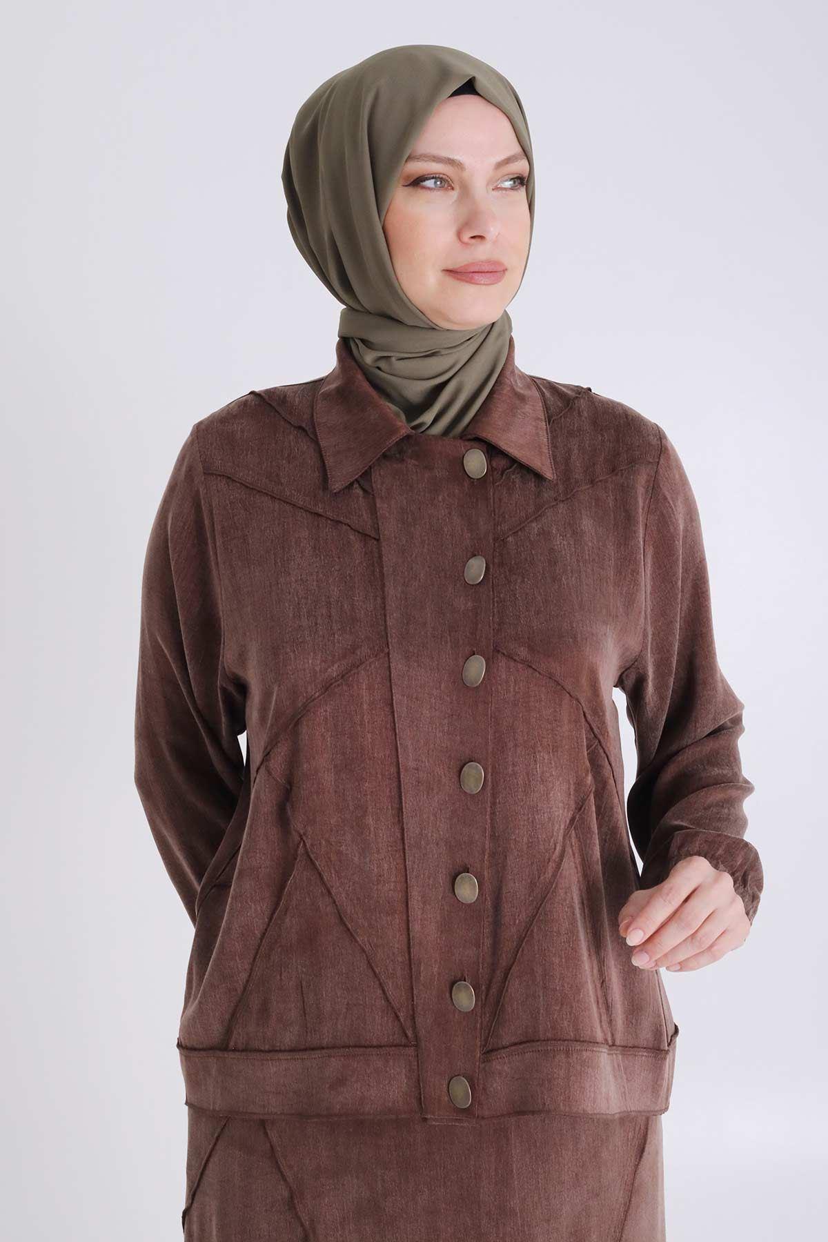 Büyük Beden Tesettür Qupra İpek Etekli Takım Kahve OTW35131