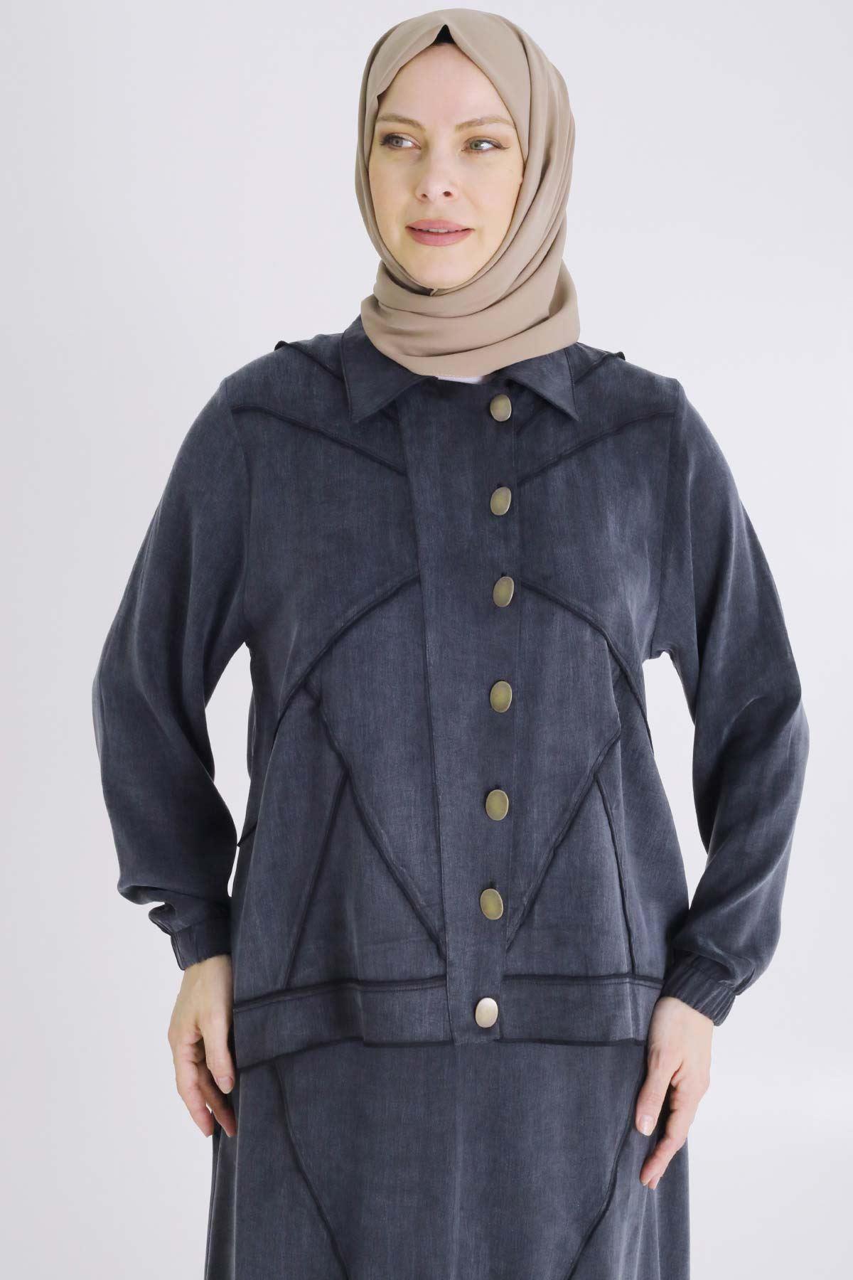 Büyük Beden Tesettür Qupra İpek Etekli Takım Siyah OTW35131