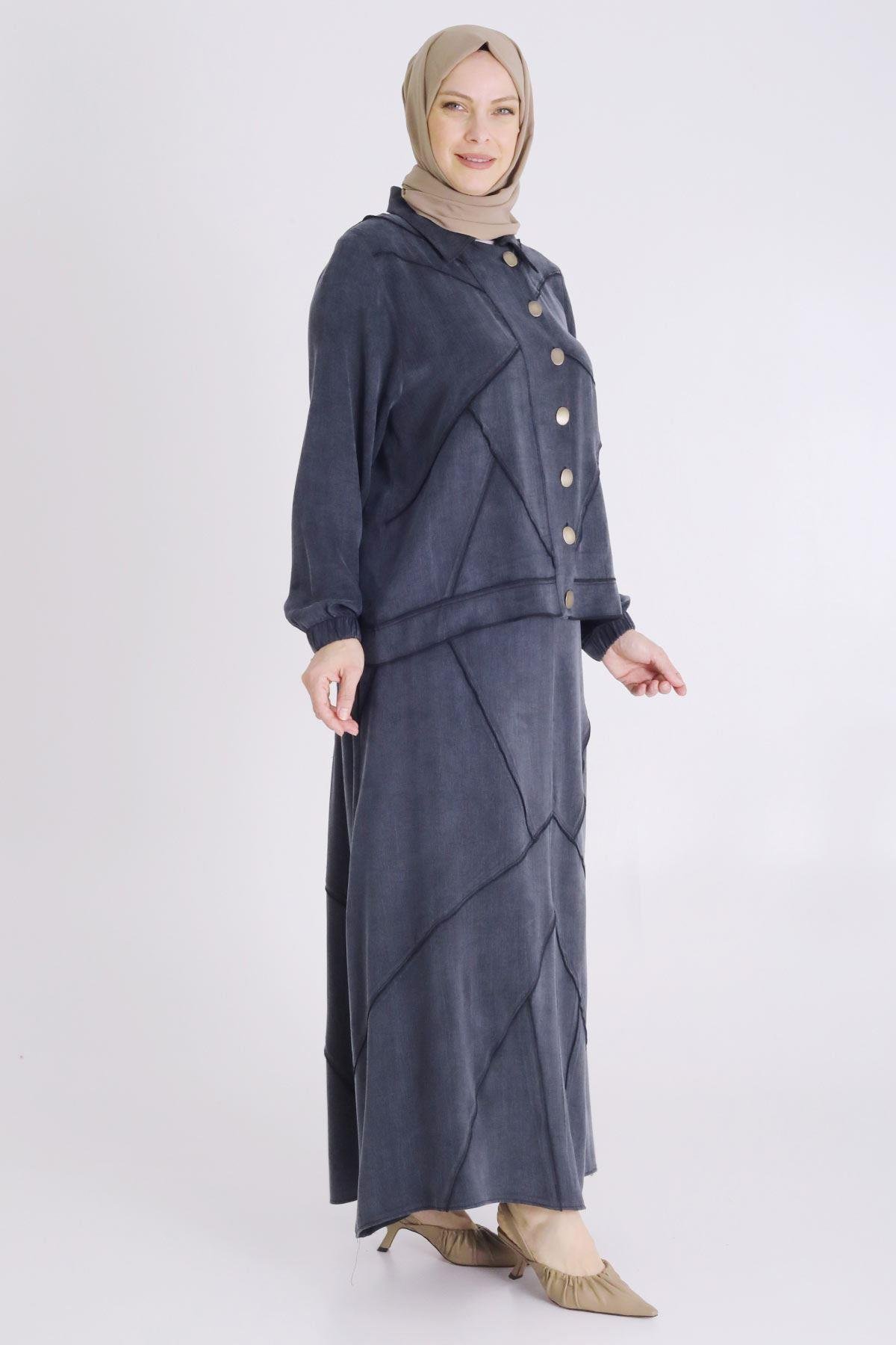 Büyük Beden Tesettür Qupra İpek Etekli Takım Siyah OTW35131