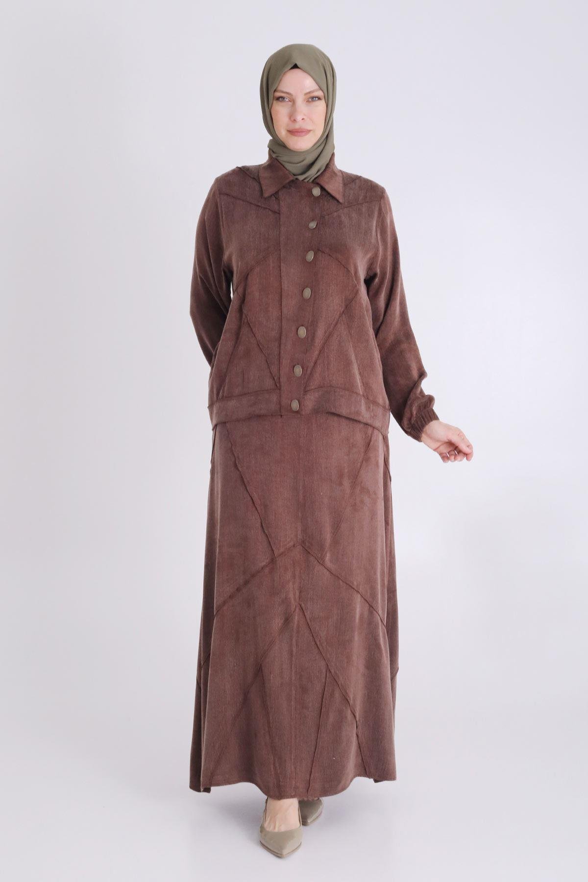 Büyük Beden Tesettür Qupra İpek Etekli Takım Kahve OTW35131