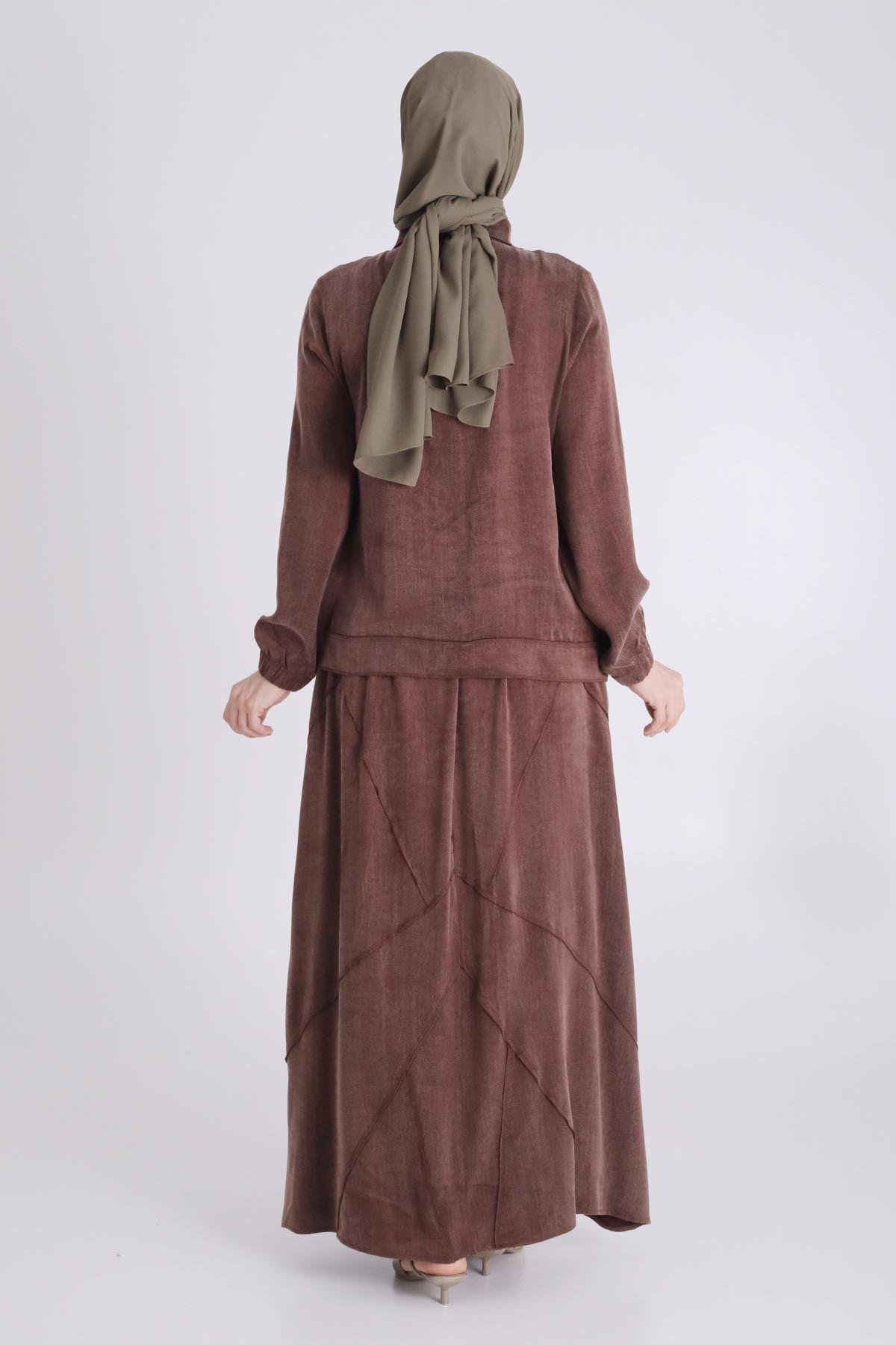 Büyük Beden Tesettür Qupra İpek Etekli Takım Kahve OTW35131
