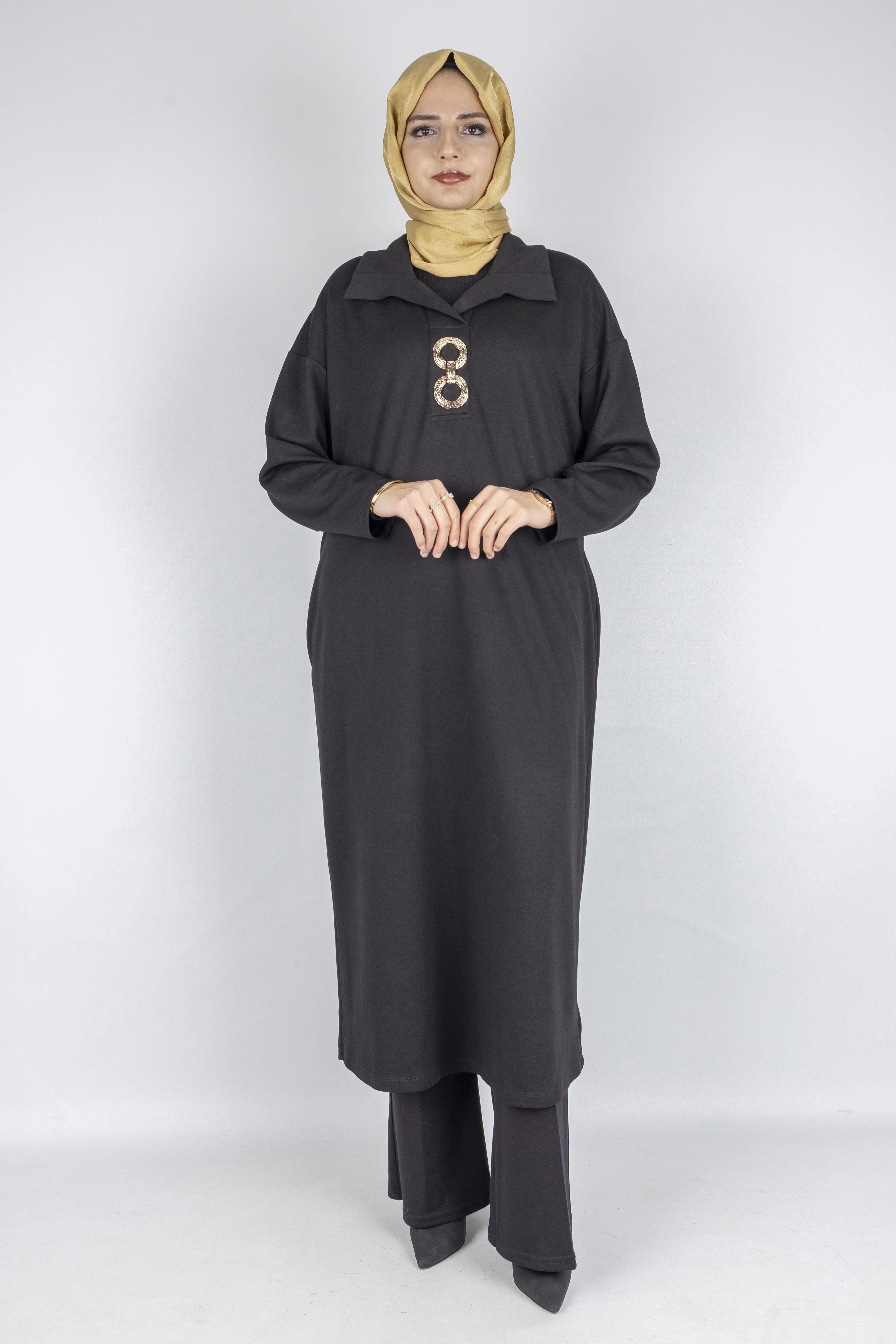 Büyük Beden Zincir Halkalı Çelik Örme Elbise Siyah OTW7805