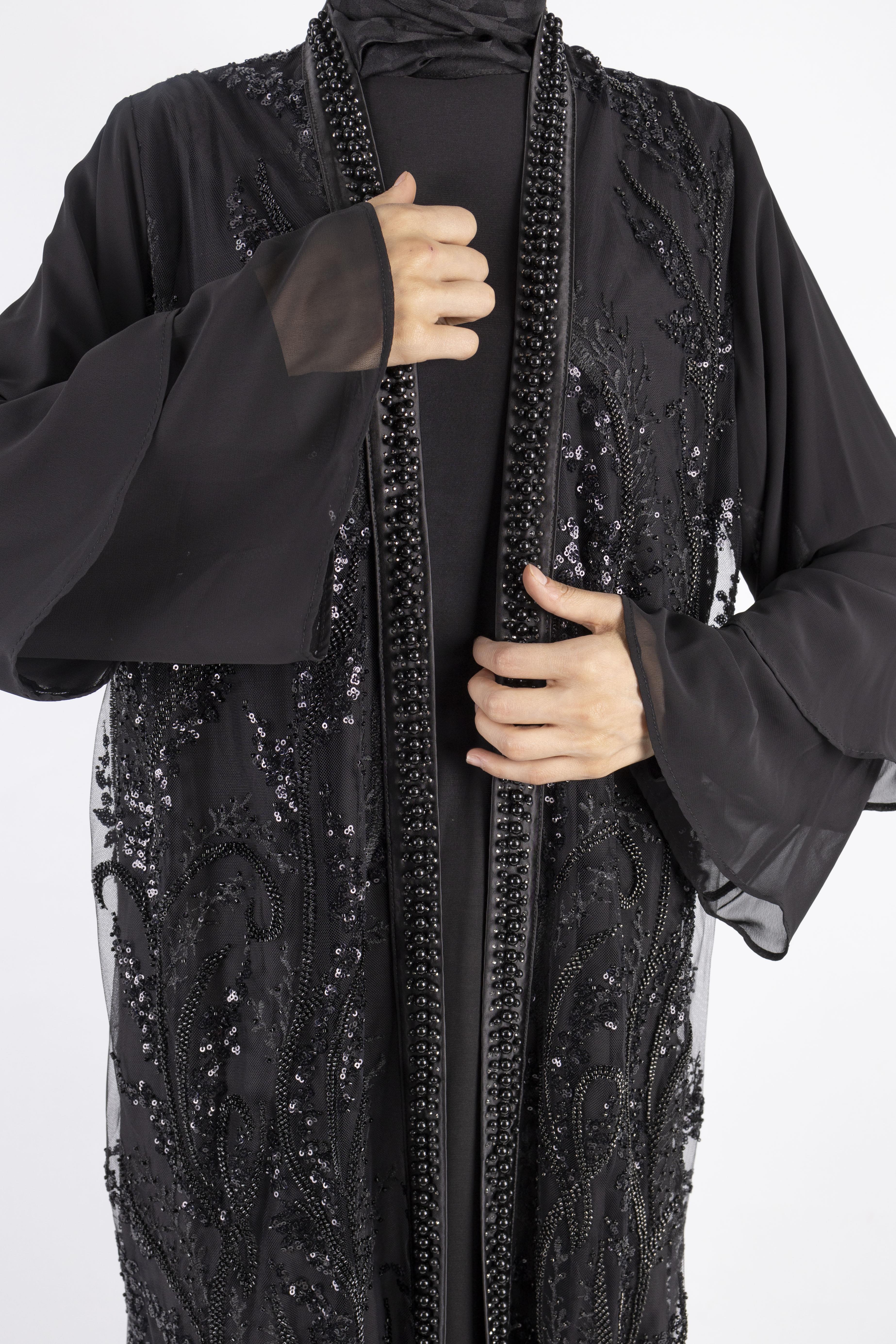 Çakma inci Detaylı Abaya Takım Siyah OTW42932
