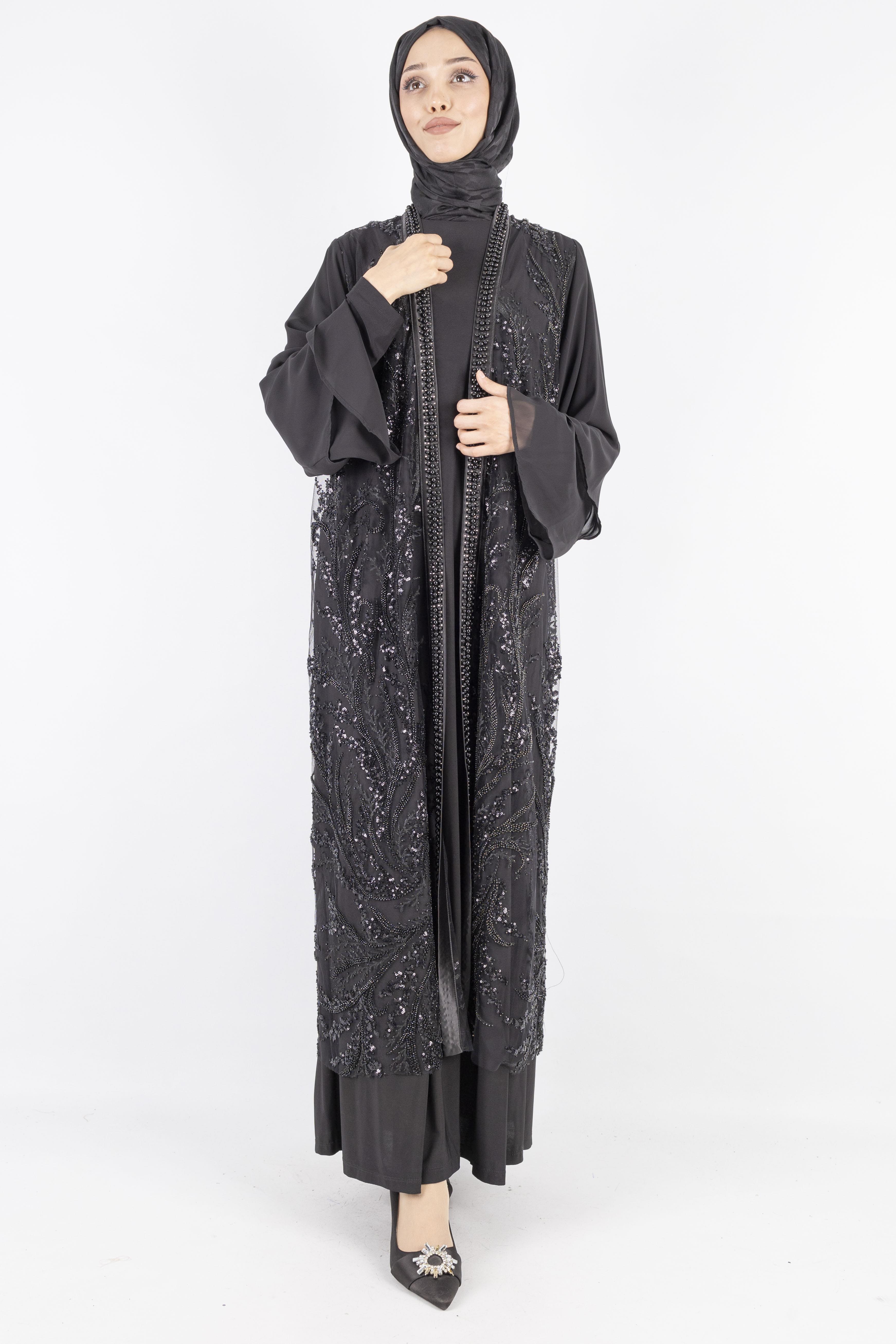 Çakma inci Detaylı Abaya Takım Siyah OTW42932