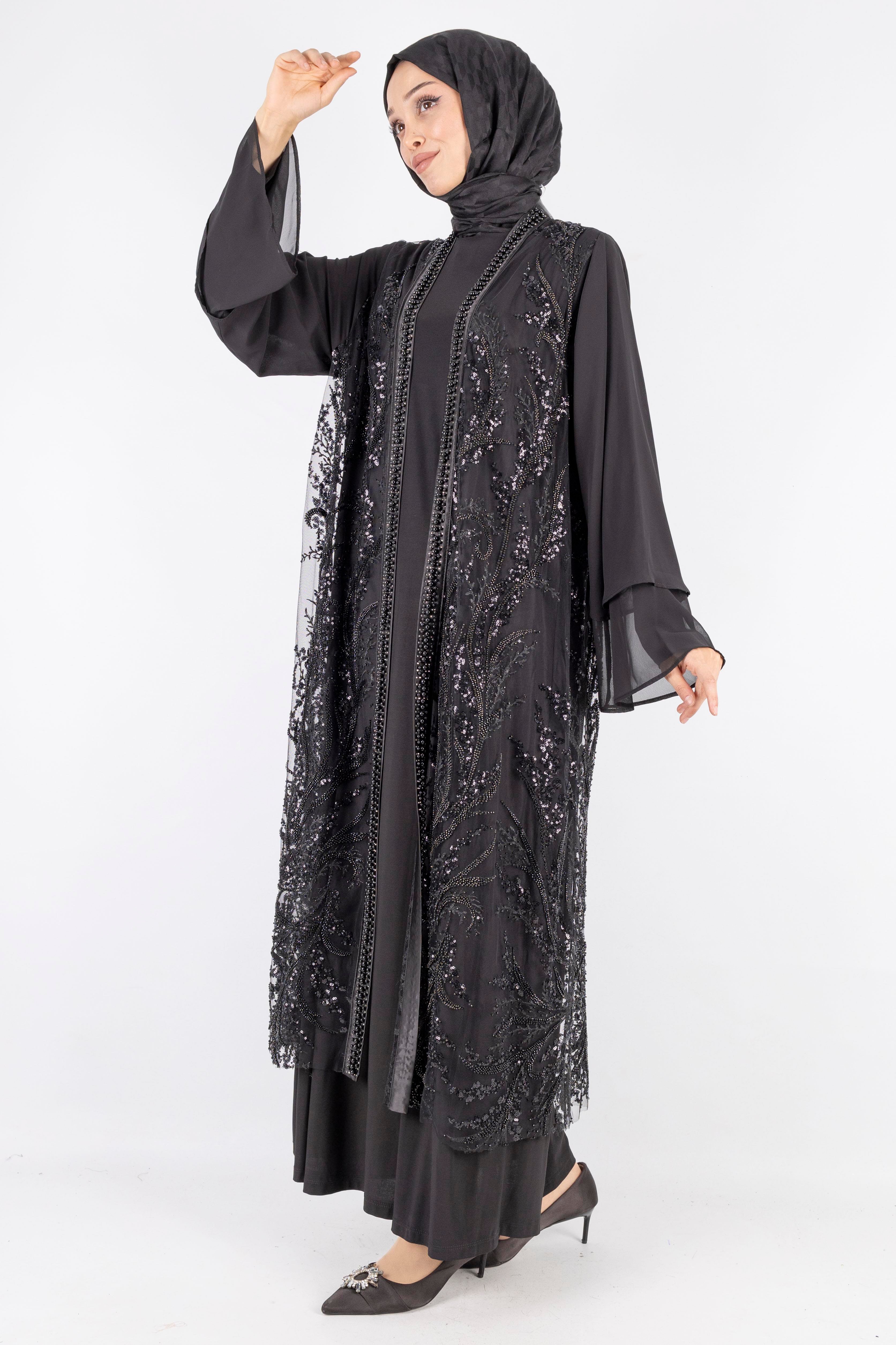Çakma inci Detaylı Abaya Takım Siyah OTW42932