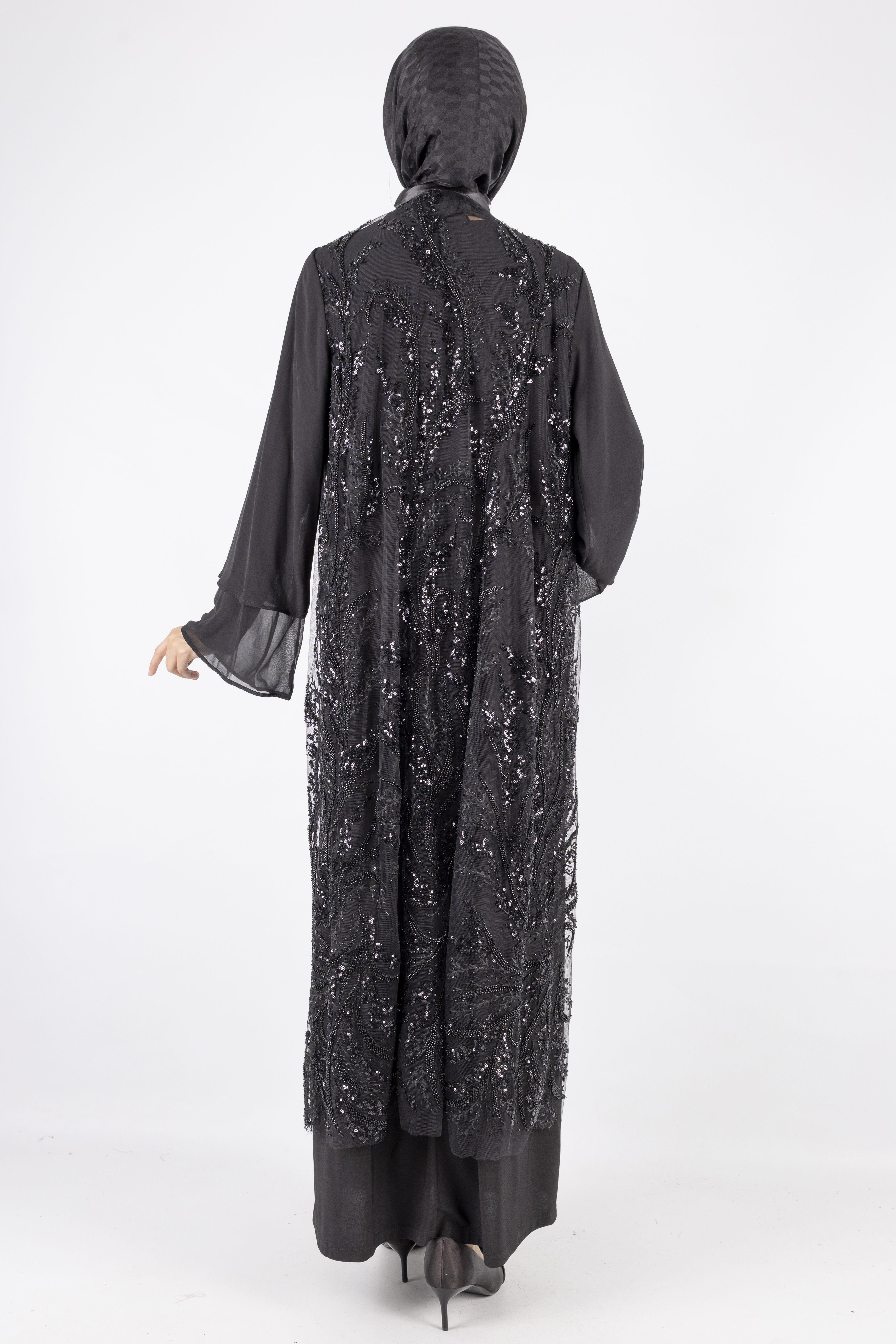 Çakma inci Detaylı Abaya Takım Siyah OTW42932