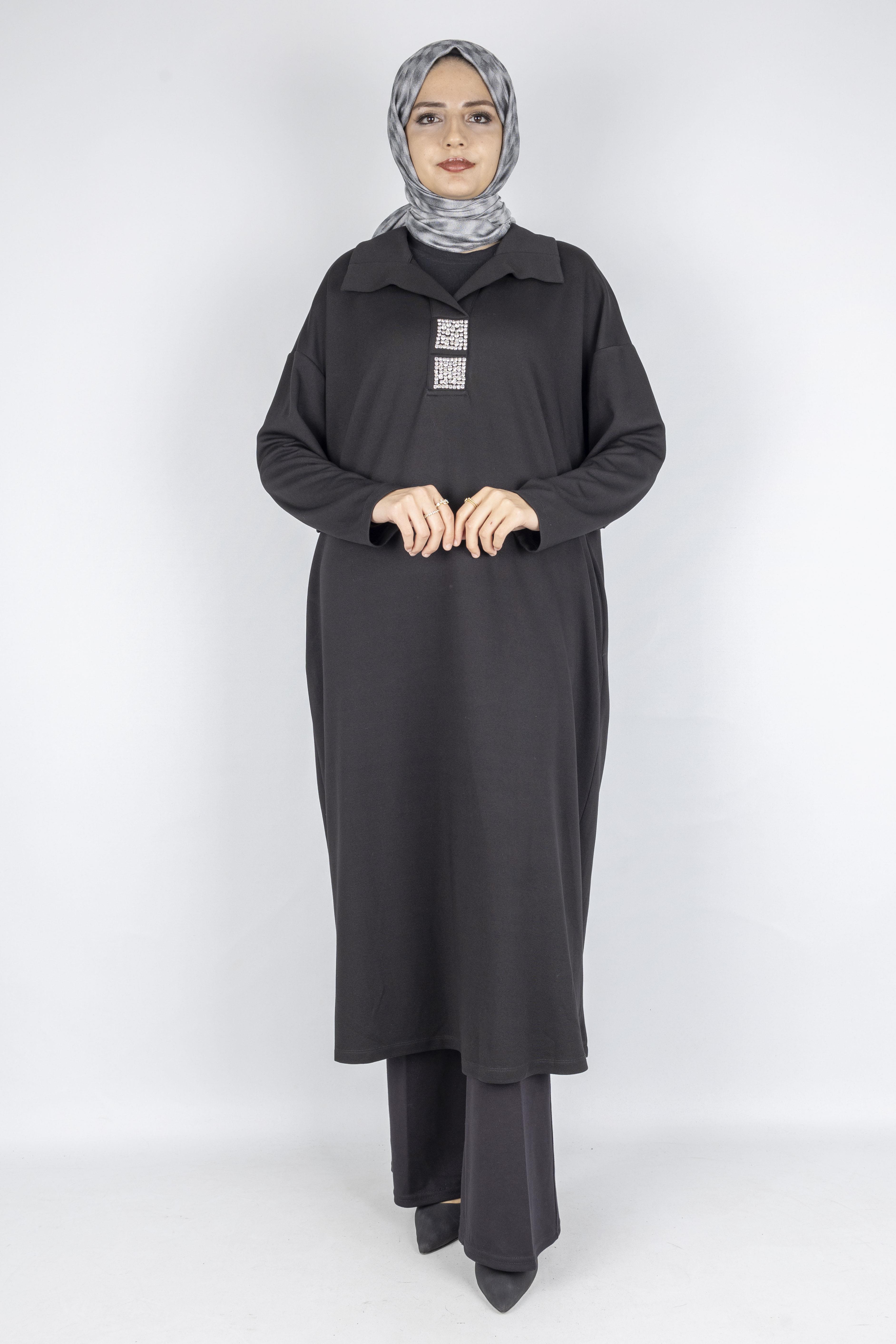 Çelik Örme Büyük Beden Taş Detaylı Elbise Siyah OTW7804