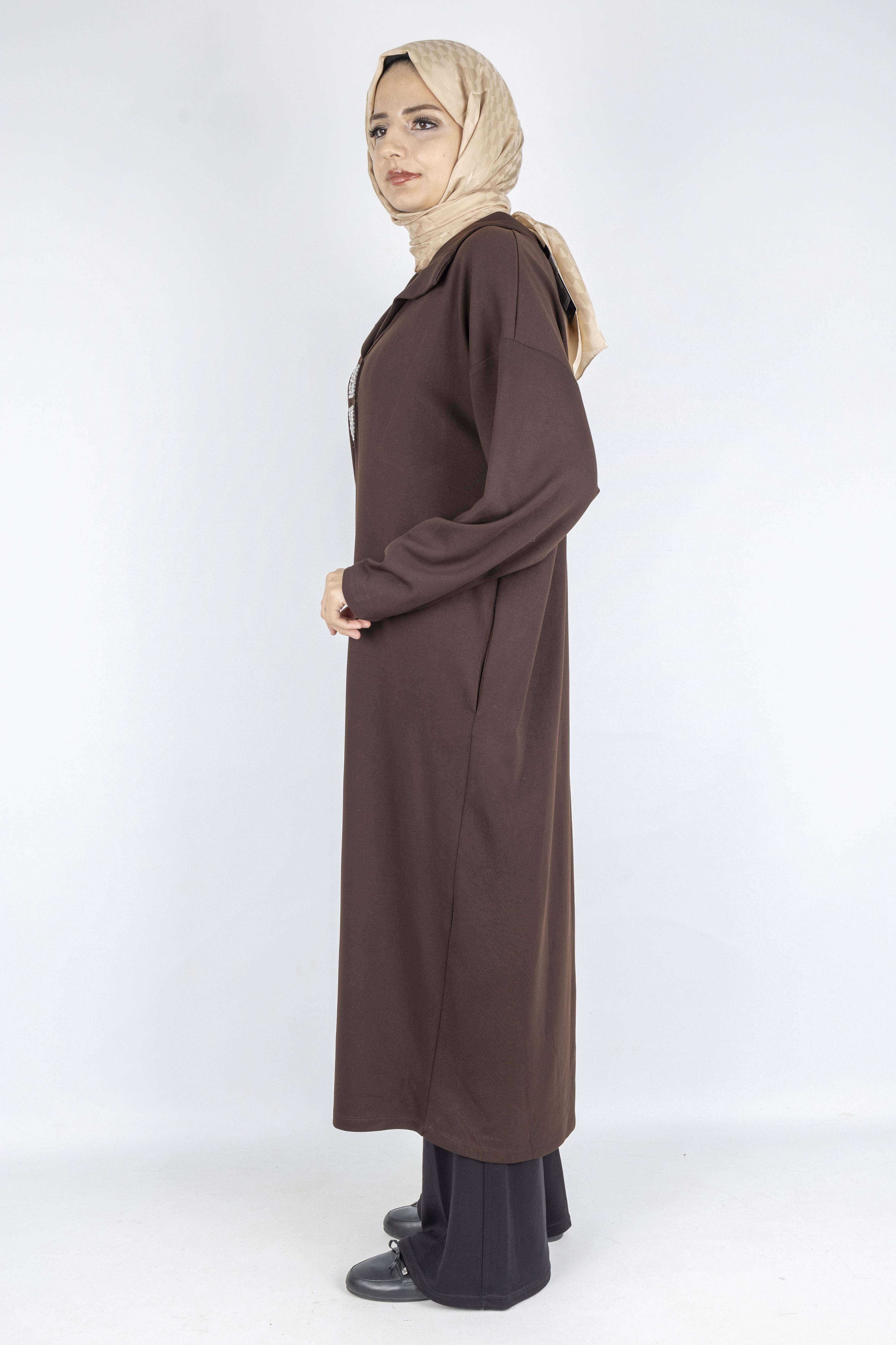 Çelik Örme Büyük Beden Taş Detaylı Elbise Kahve OTW7804