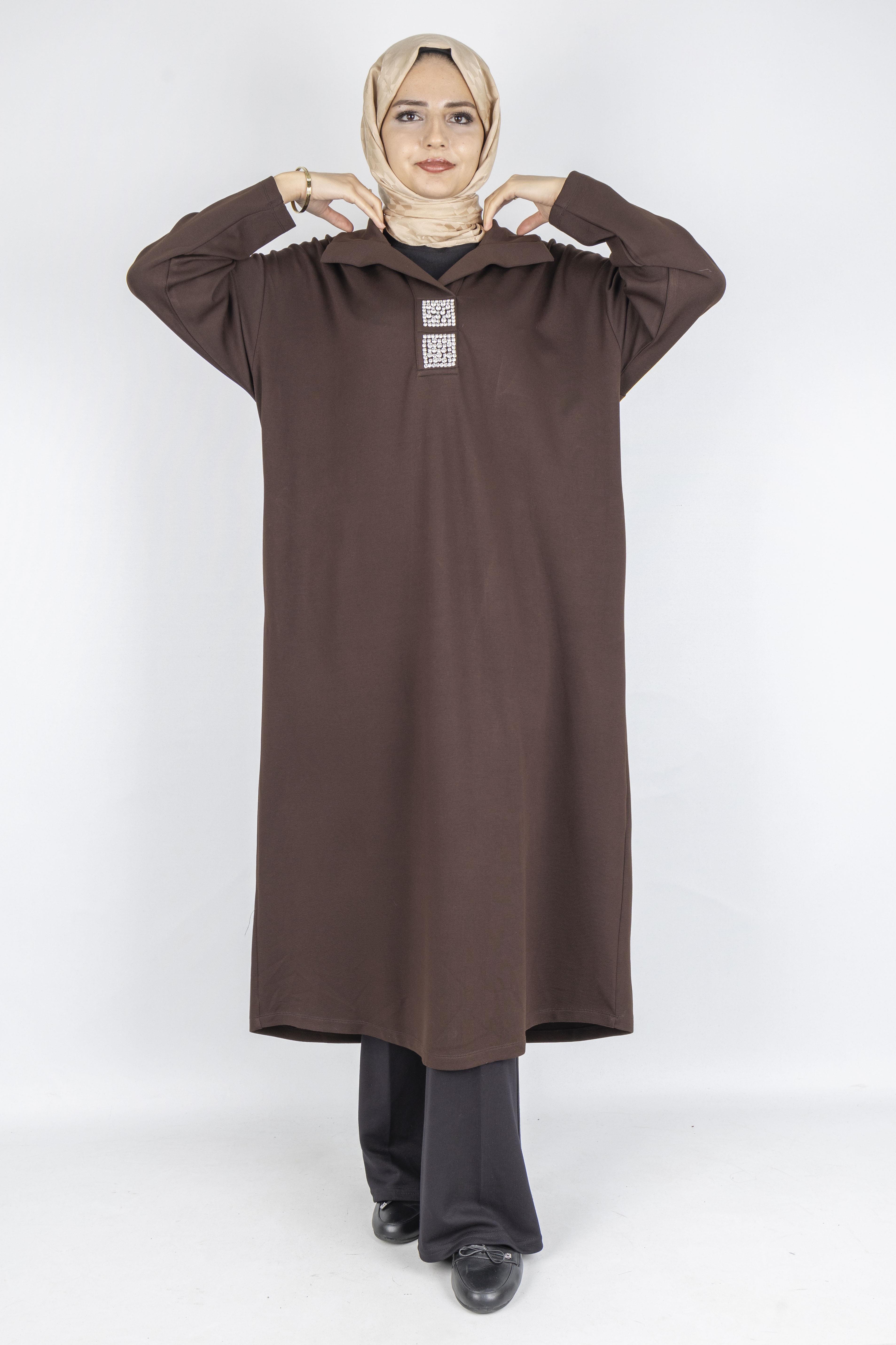 Çelik Örme Büyük Beden Taş Detaylı Elbise Kahve OTW7804