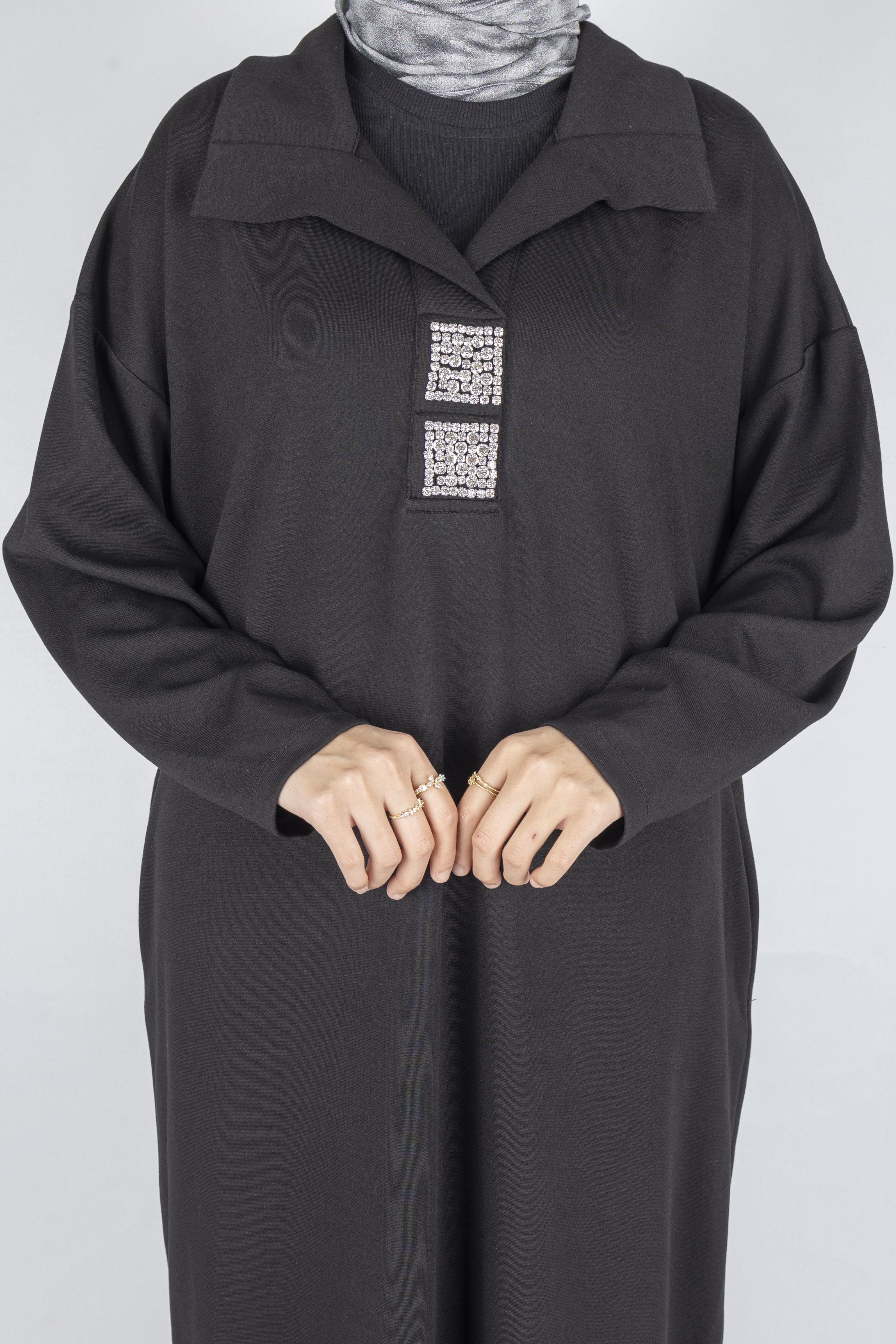 Çelik Örme Büyük Beden Taş Detaylı Elbise Siyah OTW7804