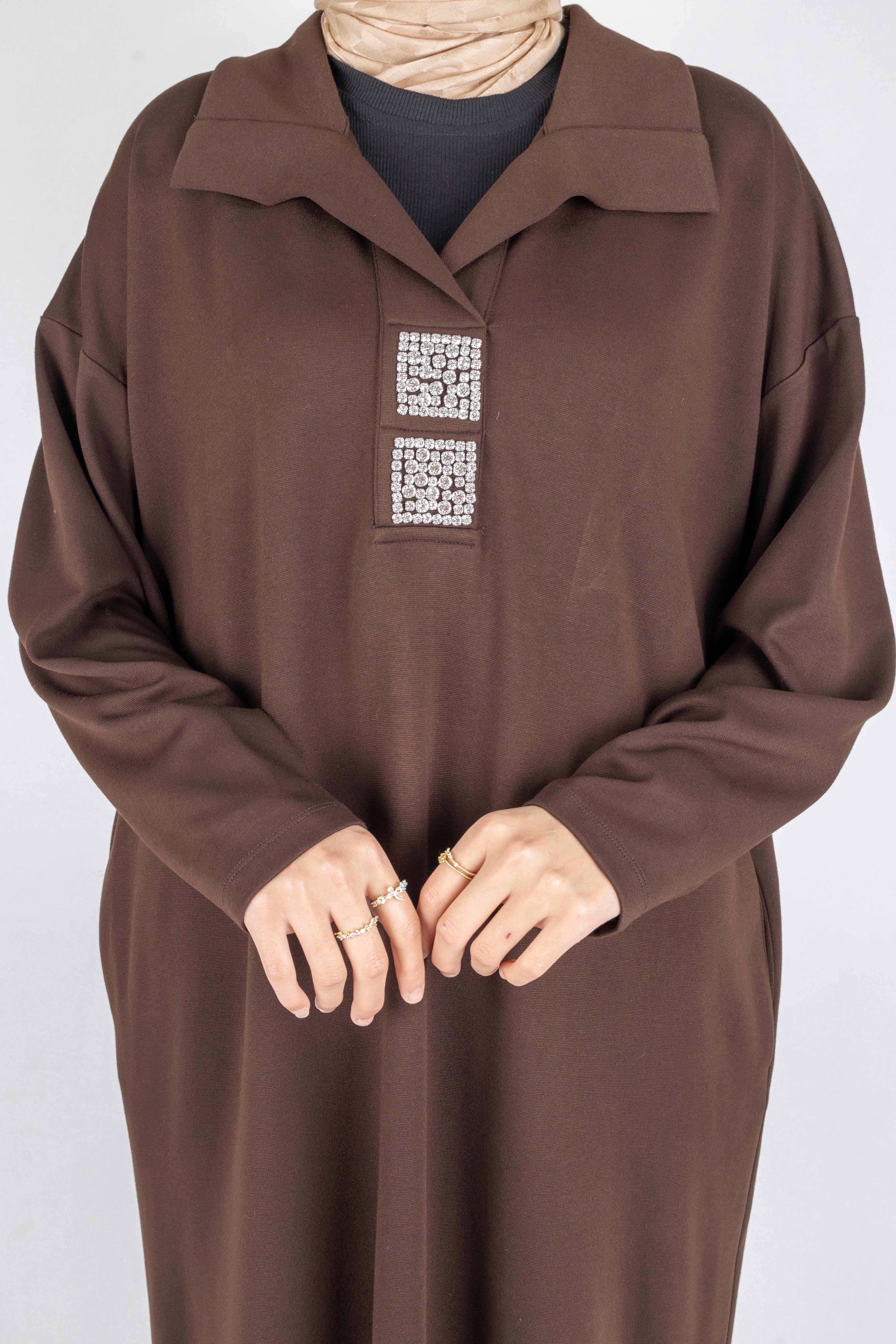 Çelik Örme Büyük Beden Taş Detaylı Elbise Kahve OTW7804