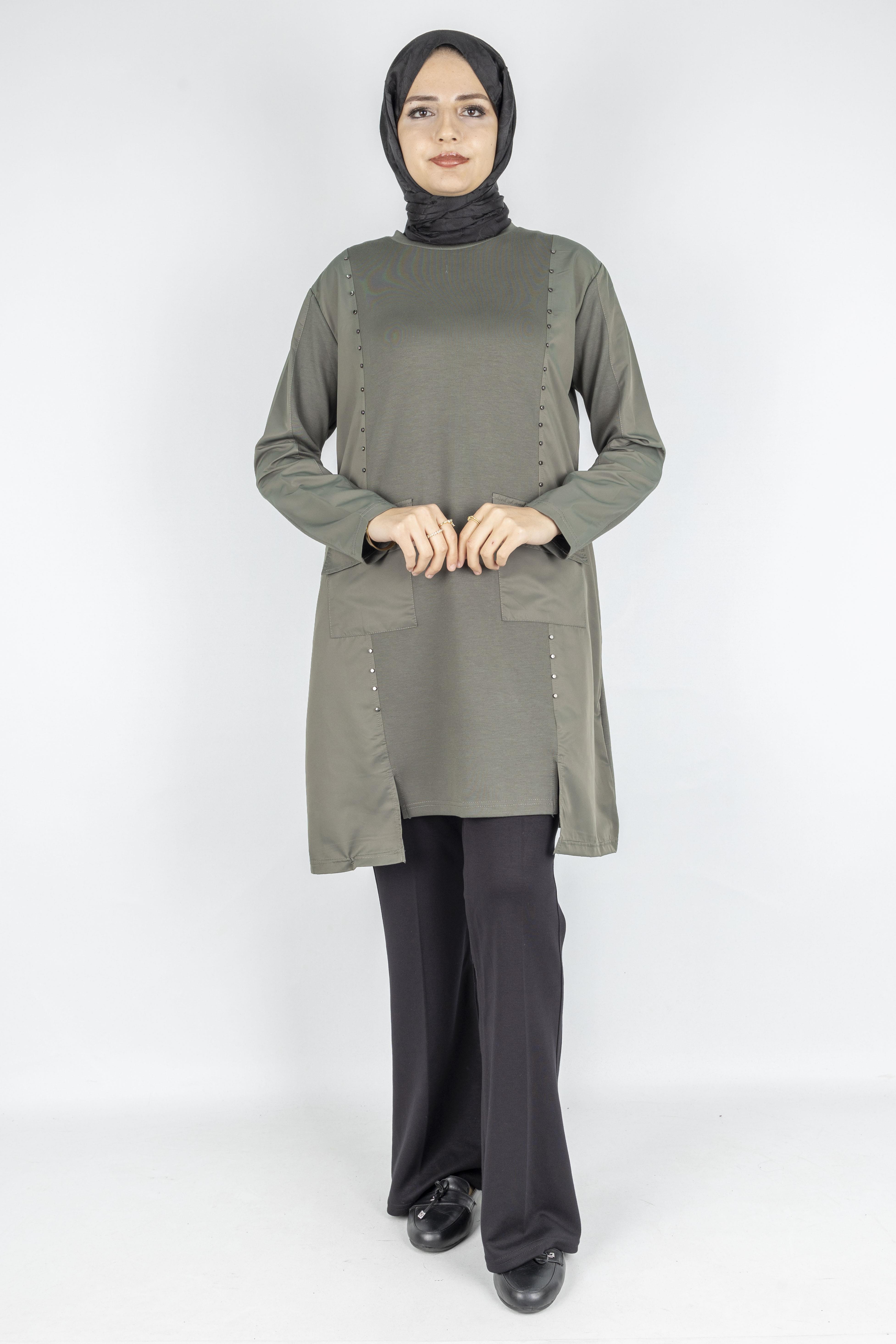 Cepli Zımba Detaylı Büyük Beden Oysho Tunik Yeşil OTW317