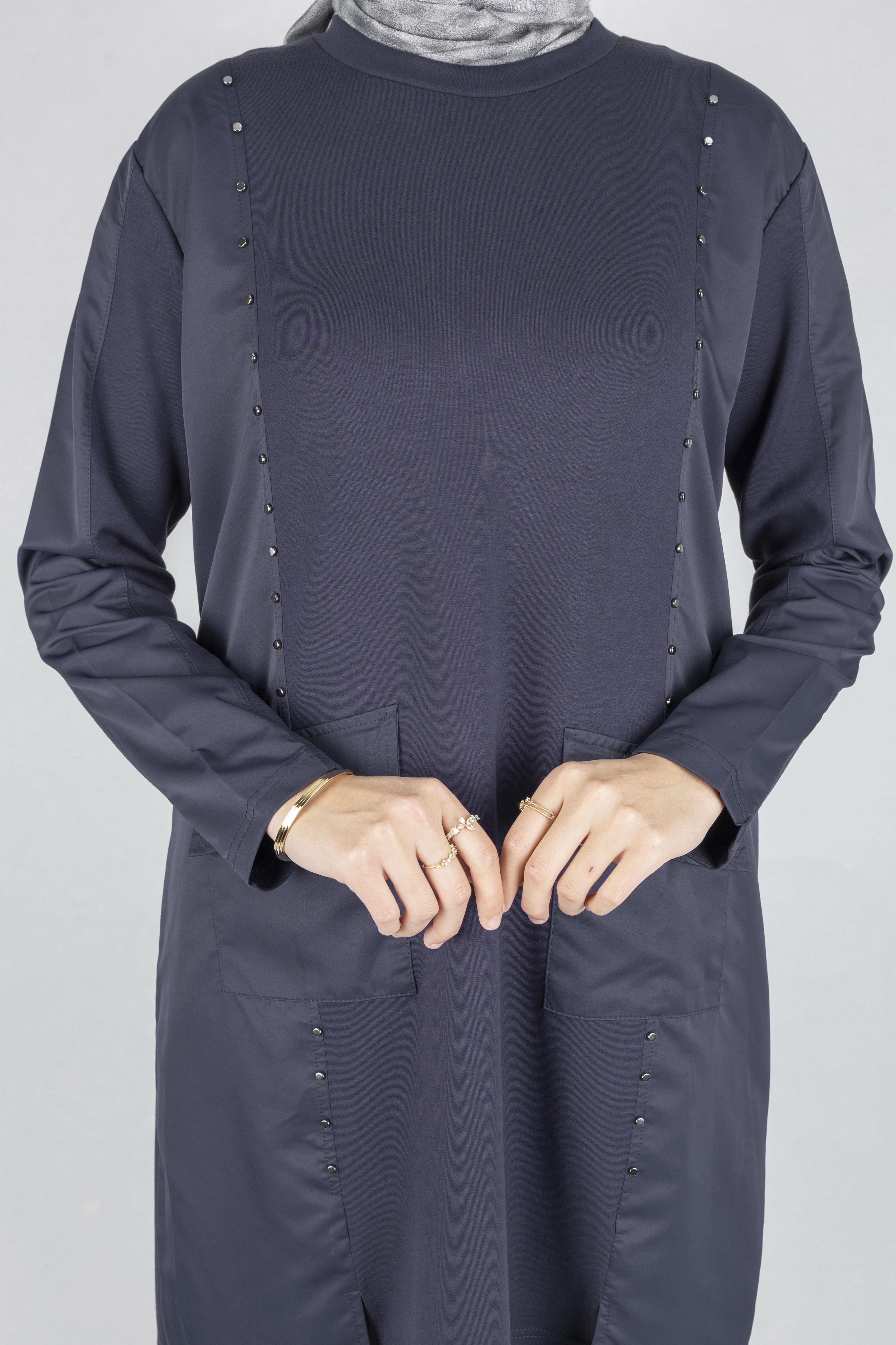 Cepli Zımba Detaylı Büyük Beden Oysho Tunik Lacivert OTW317