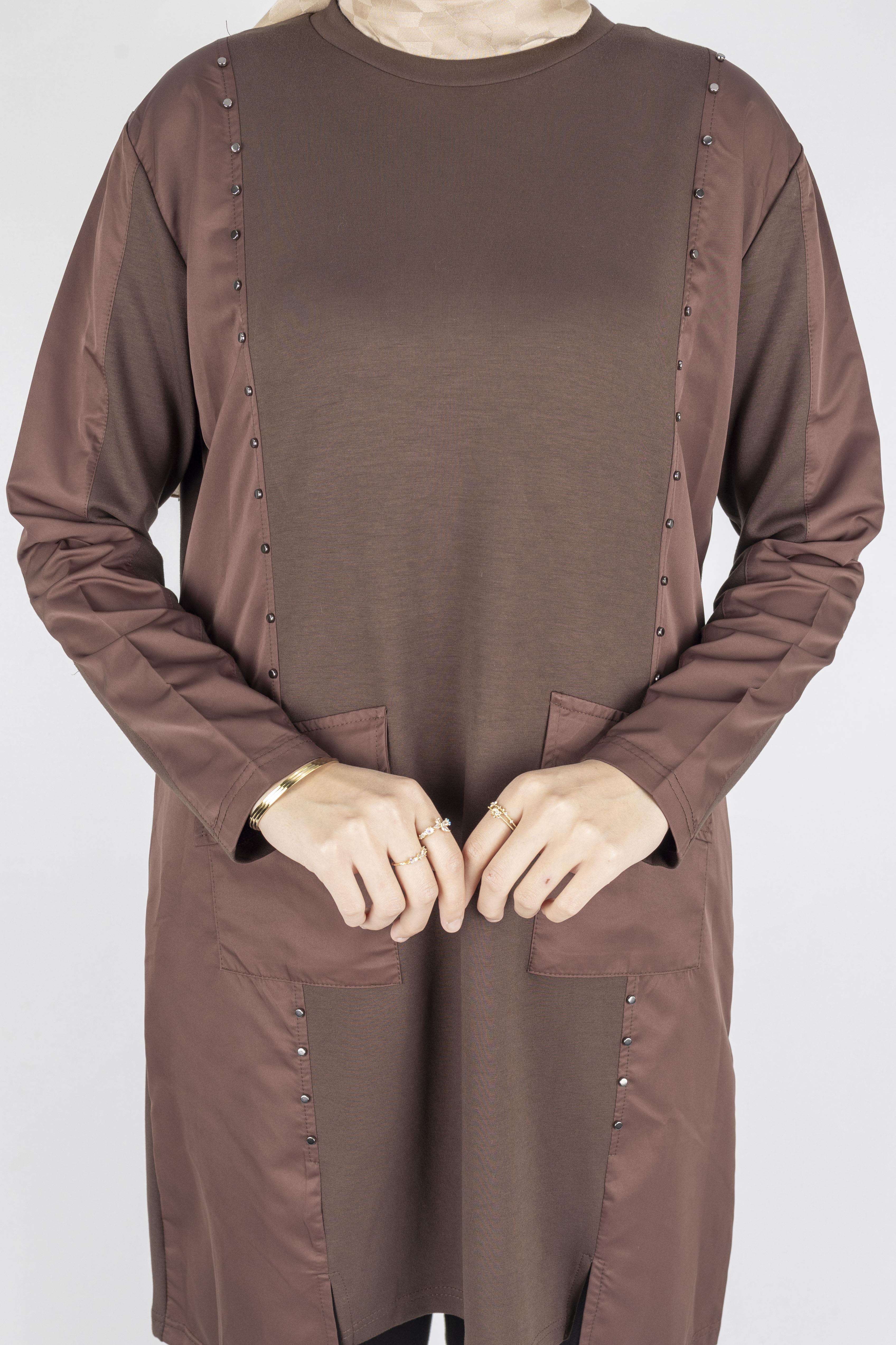 Cepli Zımba Detaylı Büyük Beden Oysho Tunik Kahve OTW317