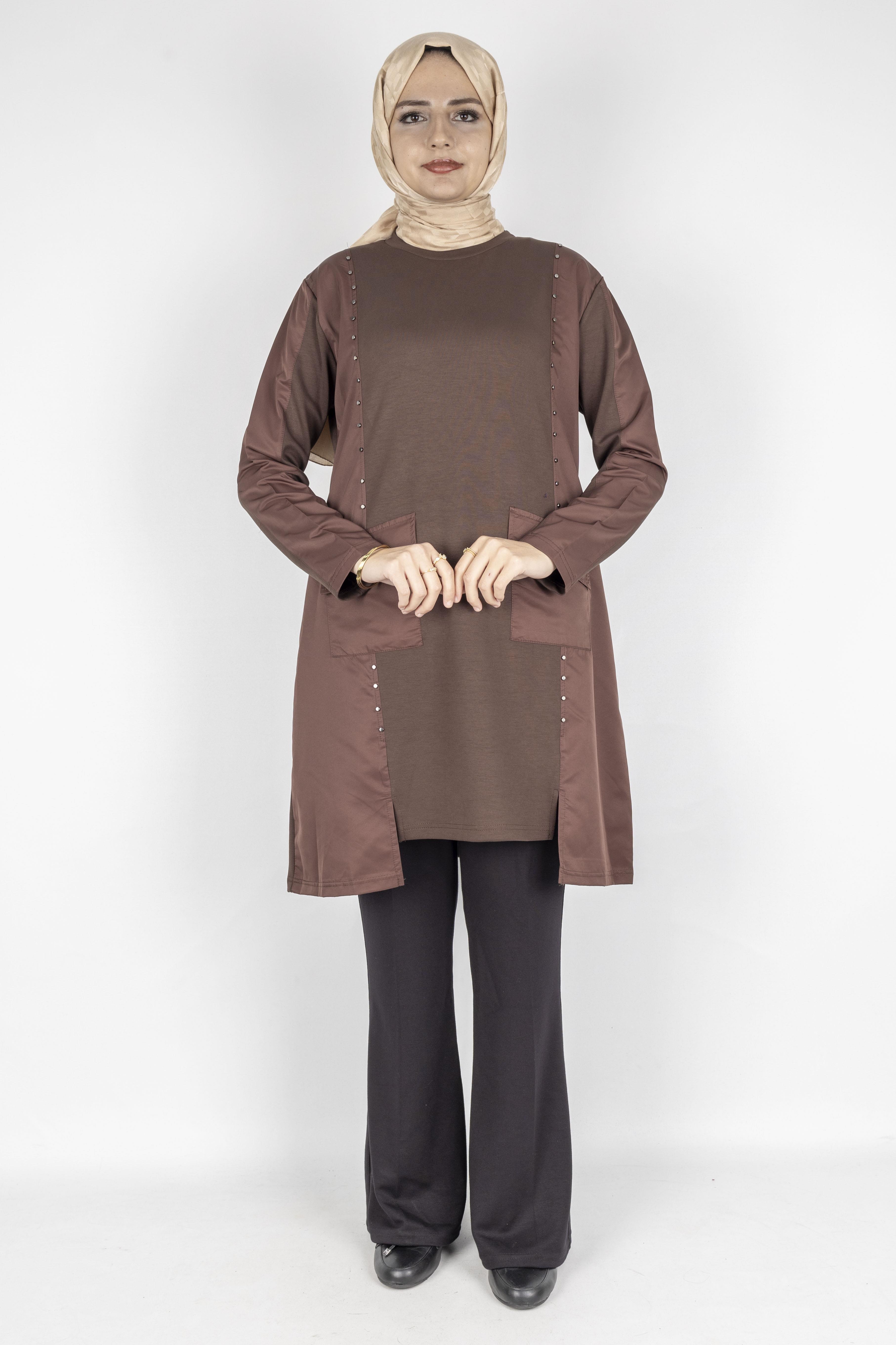 Cepli Zımba Detaylı Büyük Beden Oysho Tunik Kahve OTW317