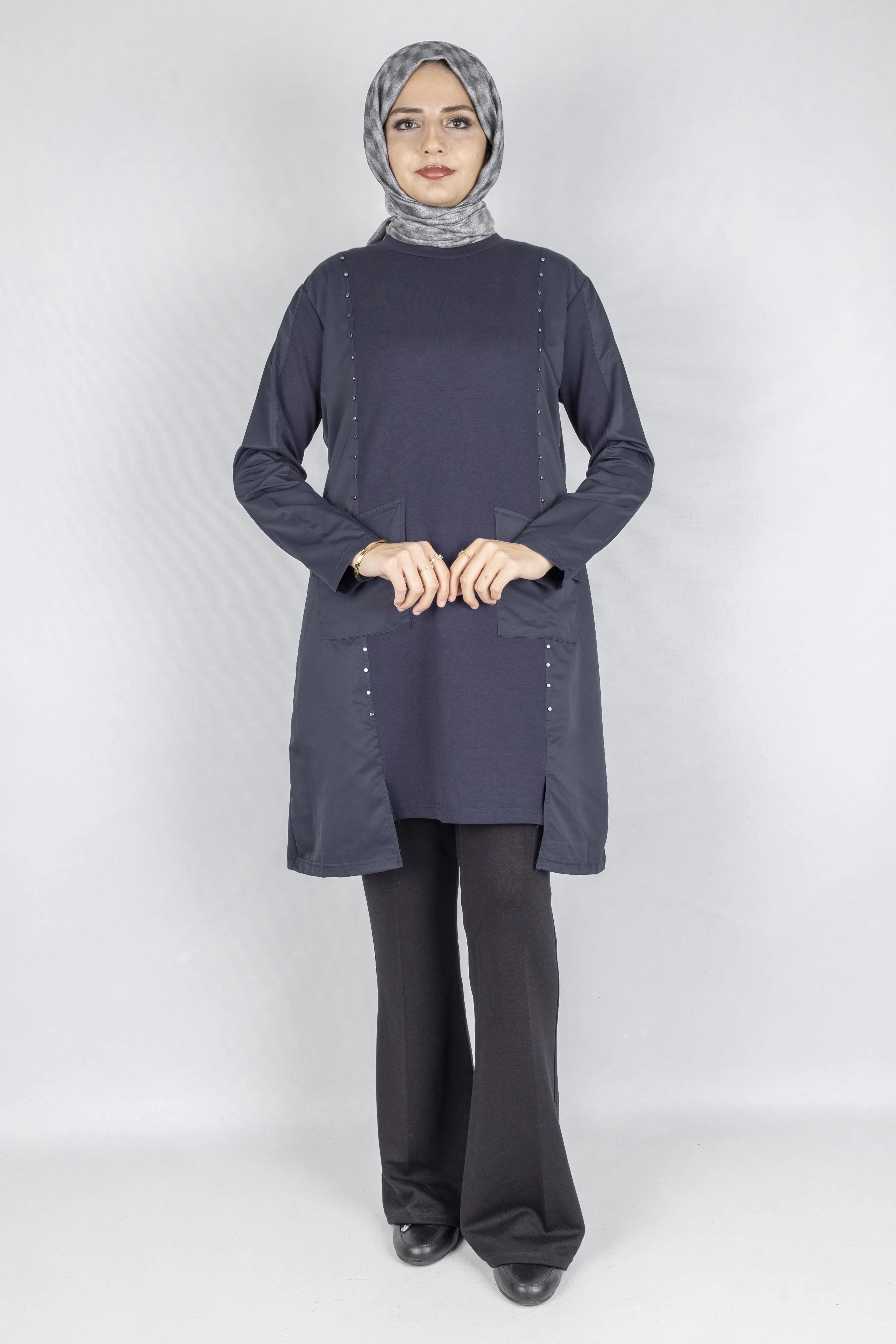 Cepli Zımba Detaylı Büyük Beden Oysho Tunik Lacivert OTW317