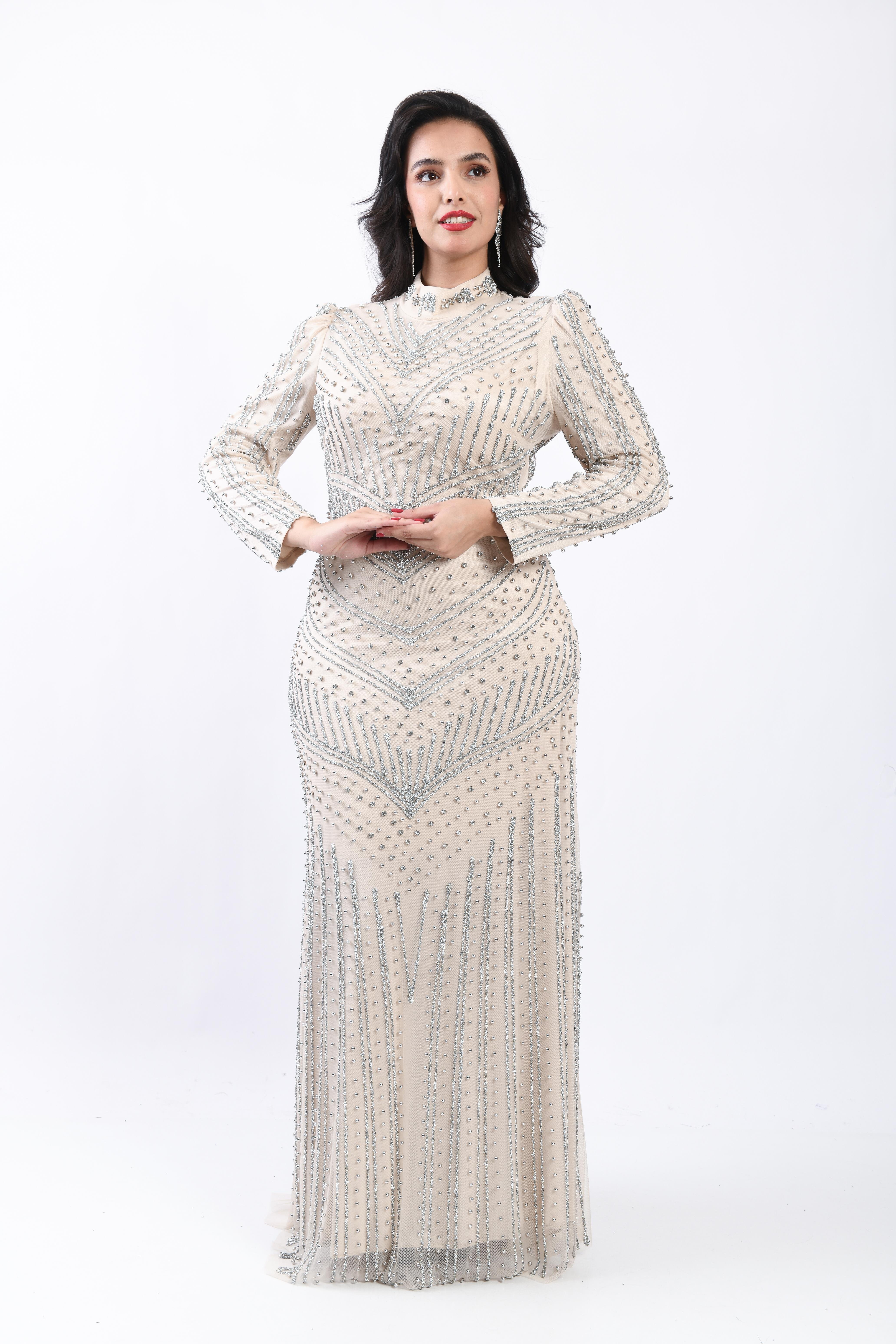 Chevron Desenli Taşlı Tesettür Abiye Gold OTW3143