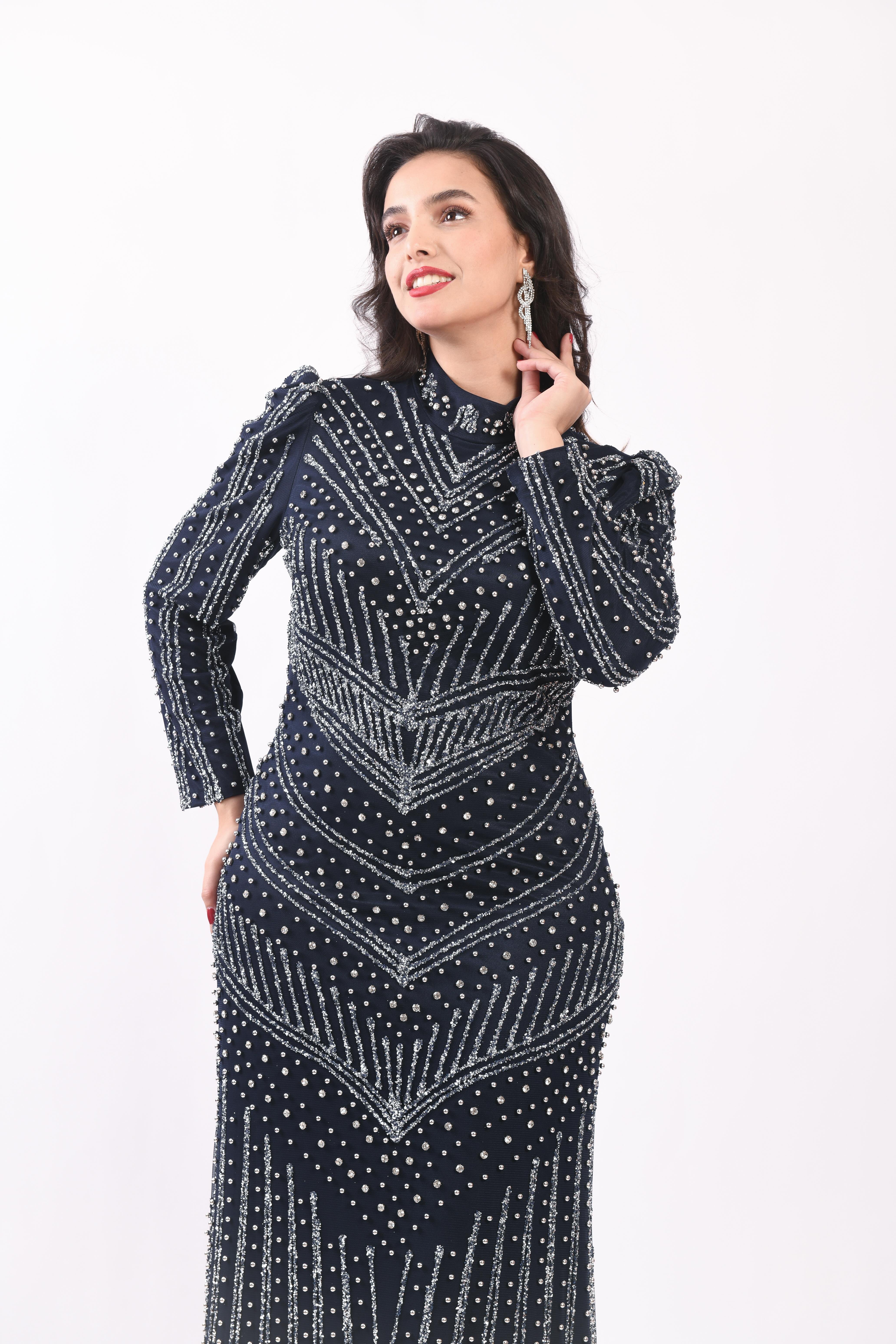 Chevron Desenli Taşlı Tesettür Abiye Lacivert OTW3143