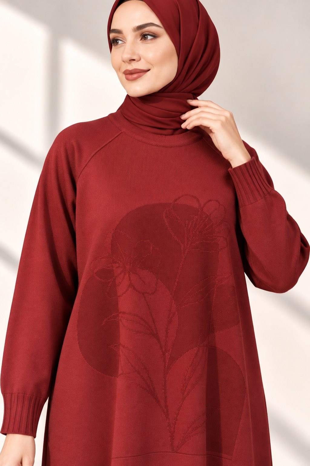 Çiçek Desenli Merserize Triko Uzun Tunik Bordo OTW36231