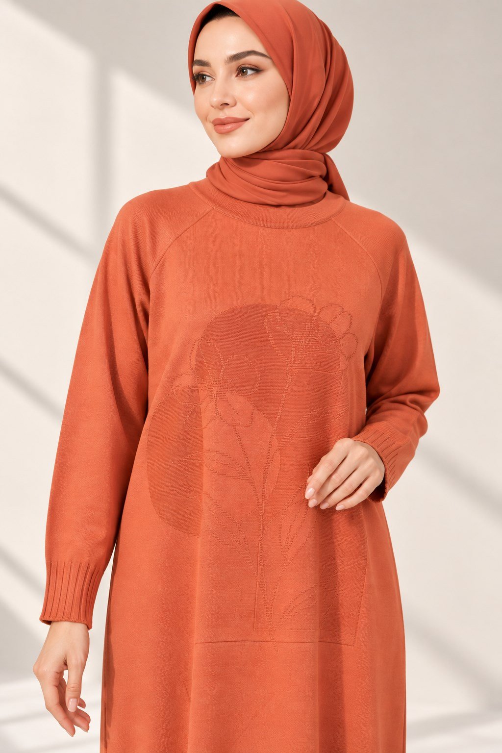 Çiçek Desenli Merserize Triko Uzun Tunik Turuncu OTW36231