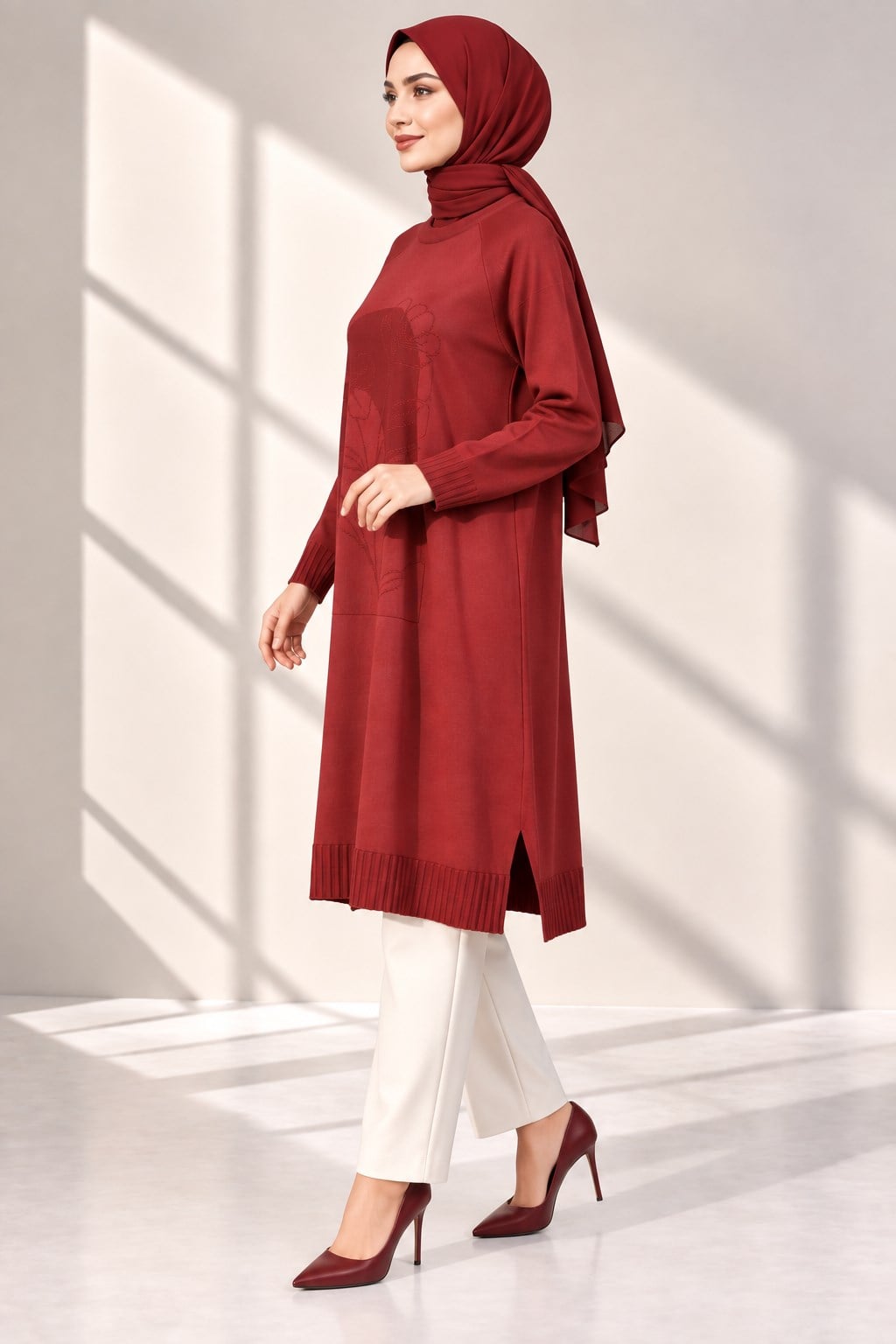 Çiçek Desenli Merserize Triko Uzun Tunik Bordo OTW36231
