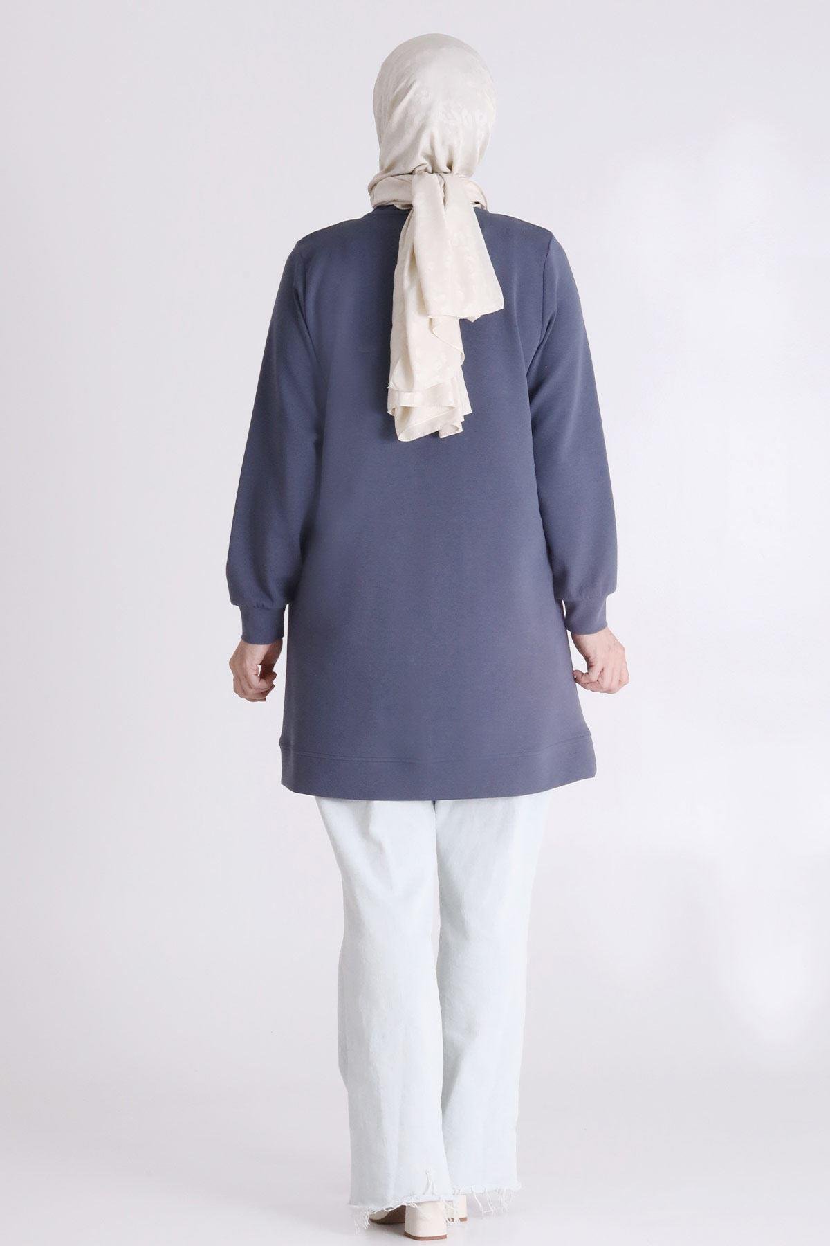 Çiçek İşlemeli Rahat Kesim Büyük Beden Tunik Duman Mavi OTW20126