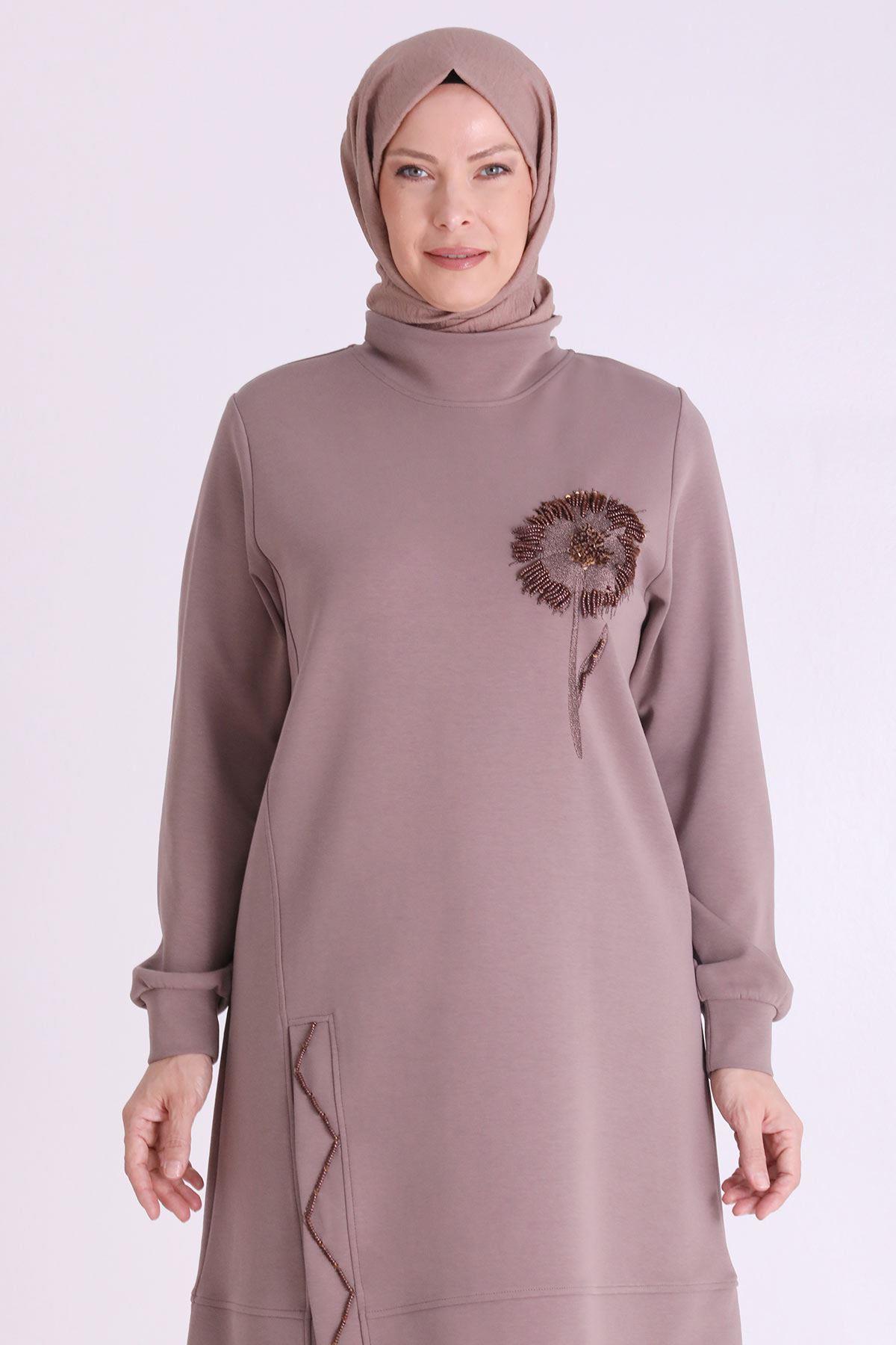 Çiçek İşlemeli Rahat Kesim Büyük Beden Tunik Kestane OTW20126