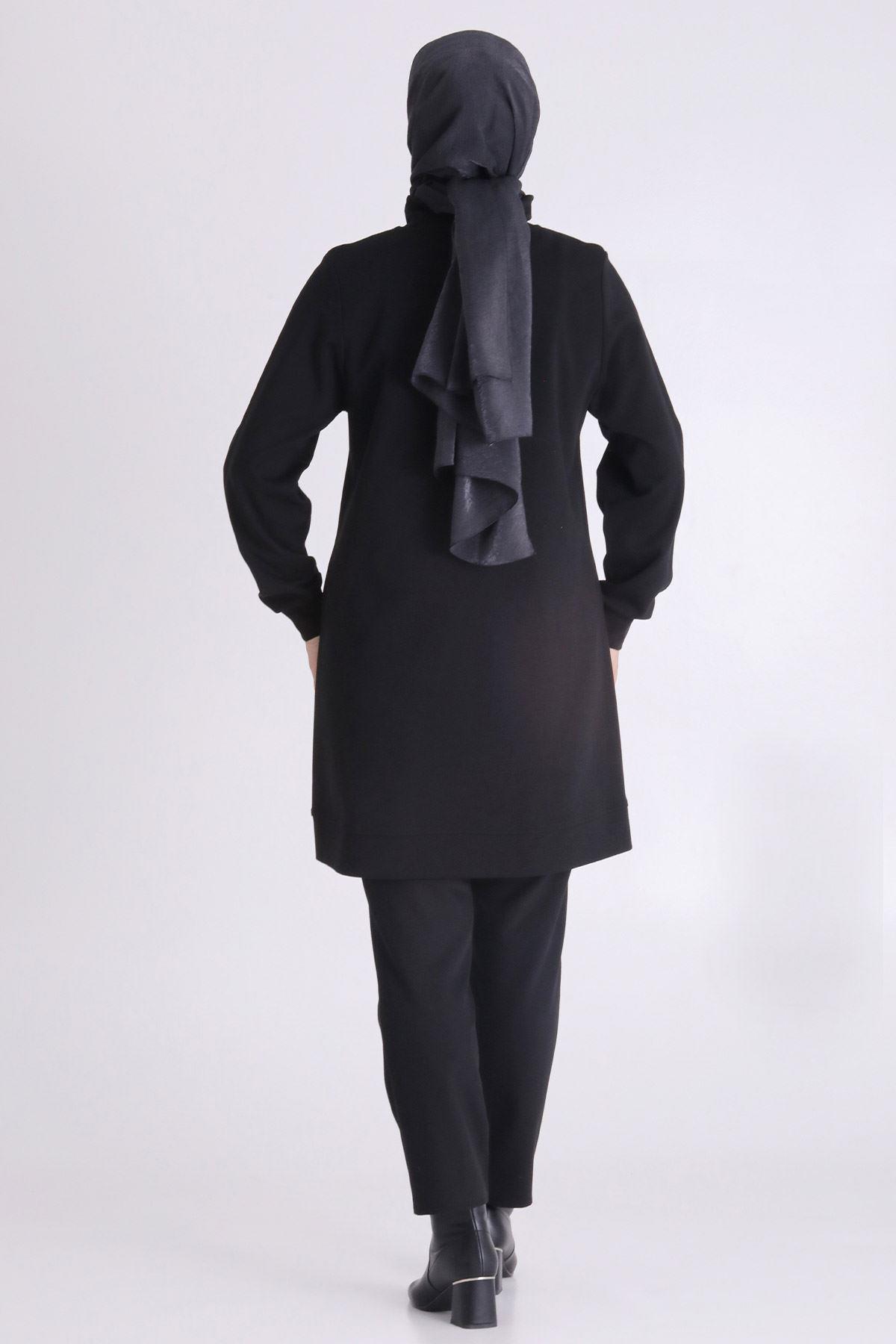 Çiçek İşlemeli Rahat Kesim Büyük Beden Tunik Siyah OTW20126