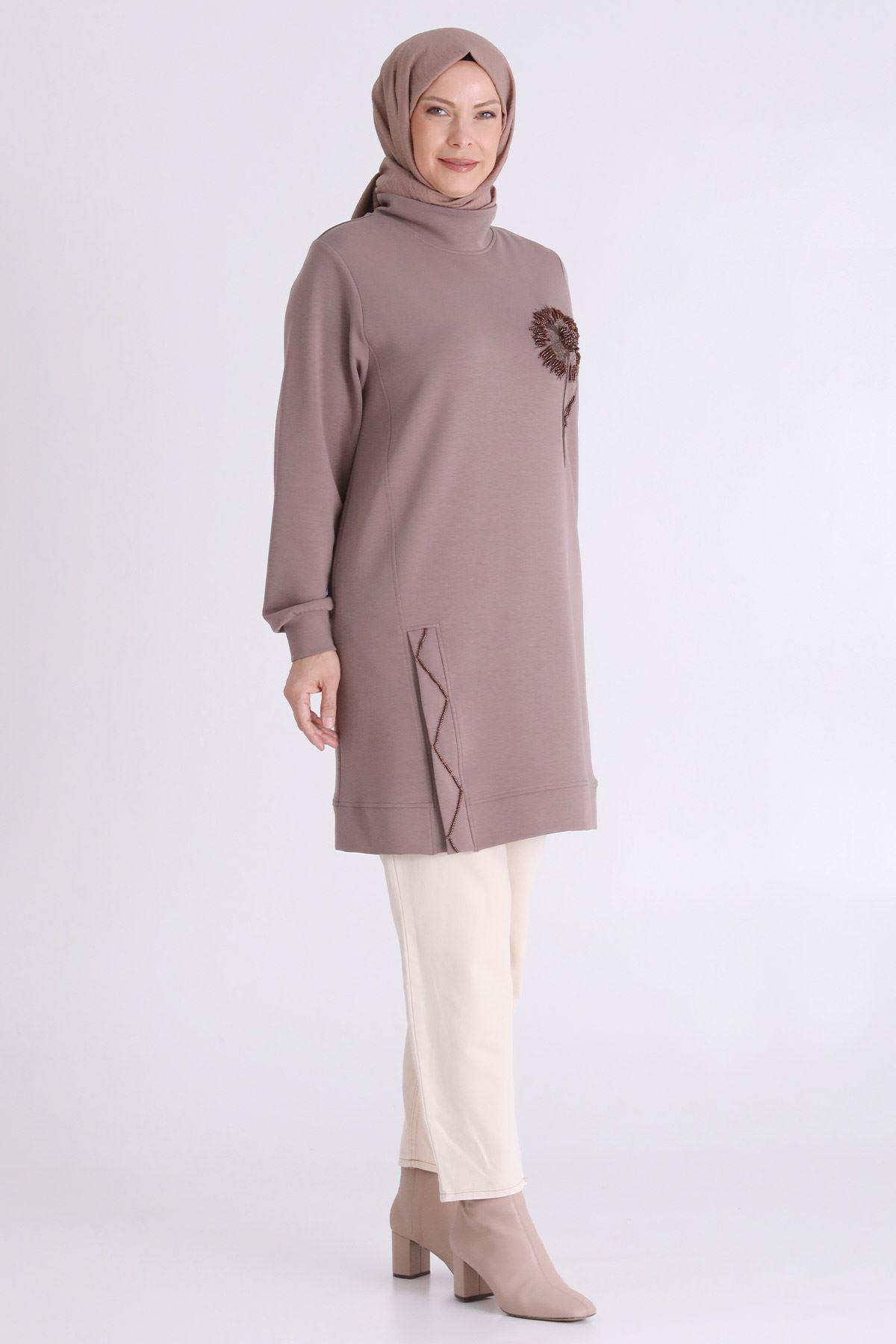 Çiçek İşlemeli Rahat Kesim Büyük Beden Tunik Kestane OTW20126