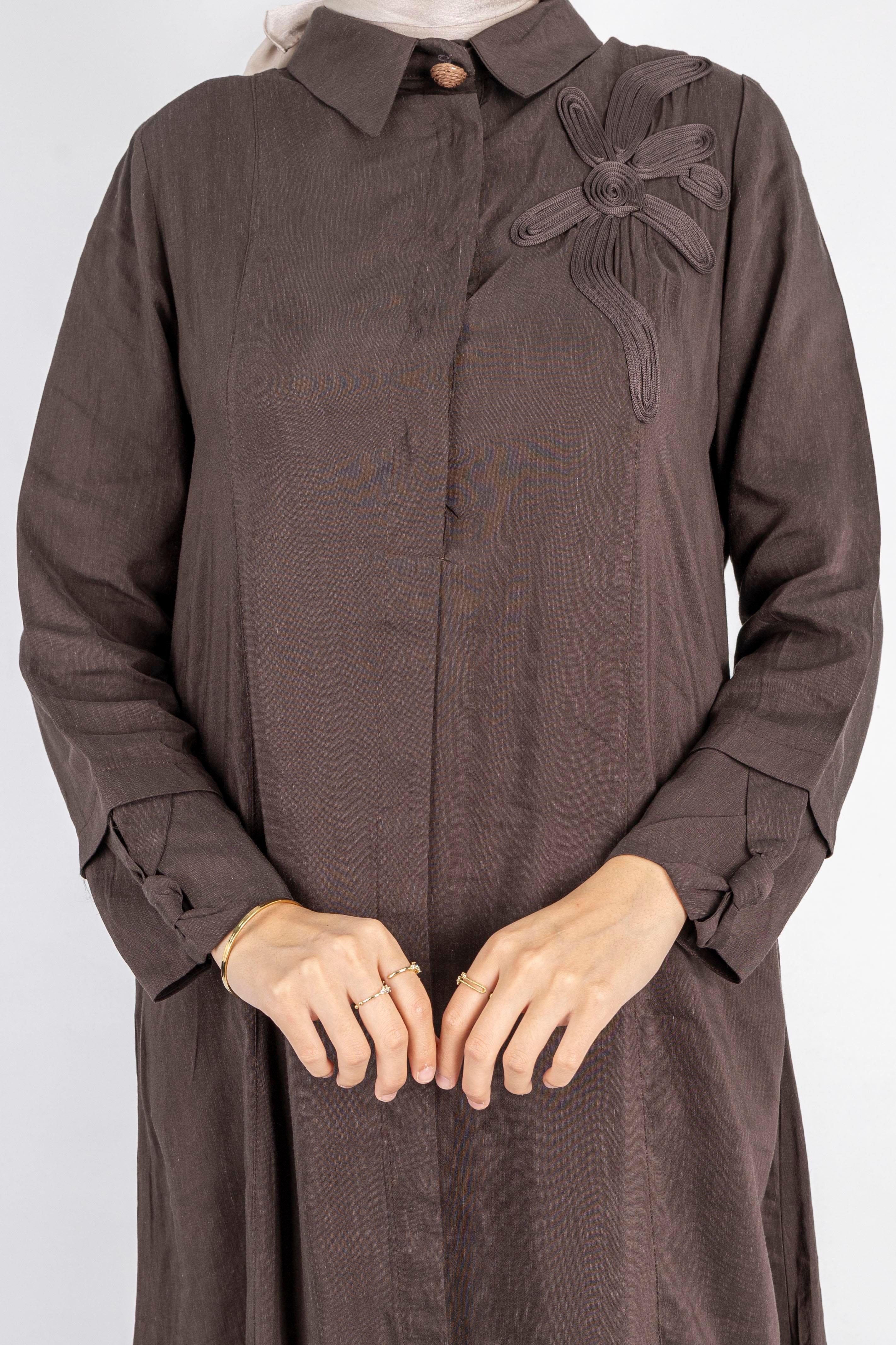 Çiçek Motifli Tül Detaylı Elbise Kahve OTW5536