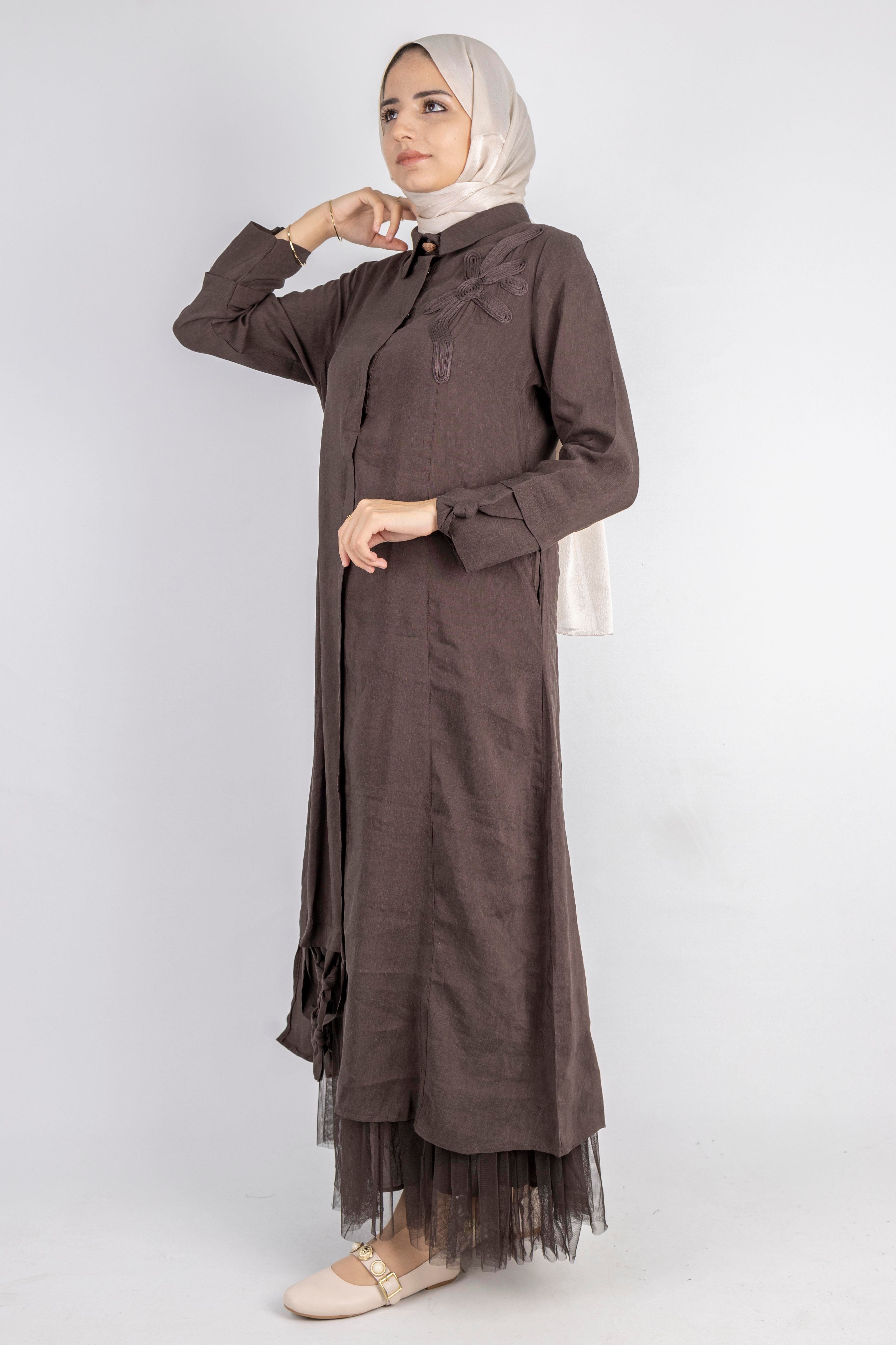 Çiçek Motifli Tül Detaylı Elbise Kahve OTW5536