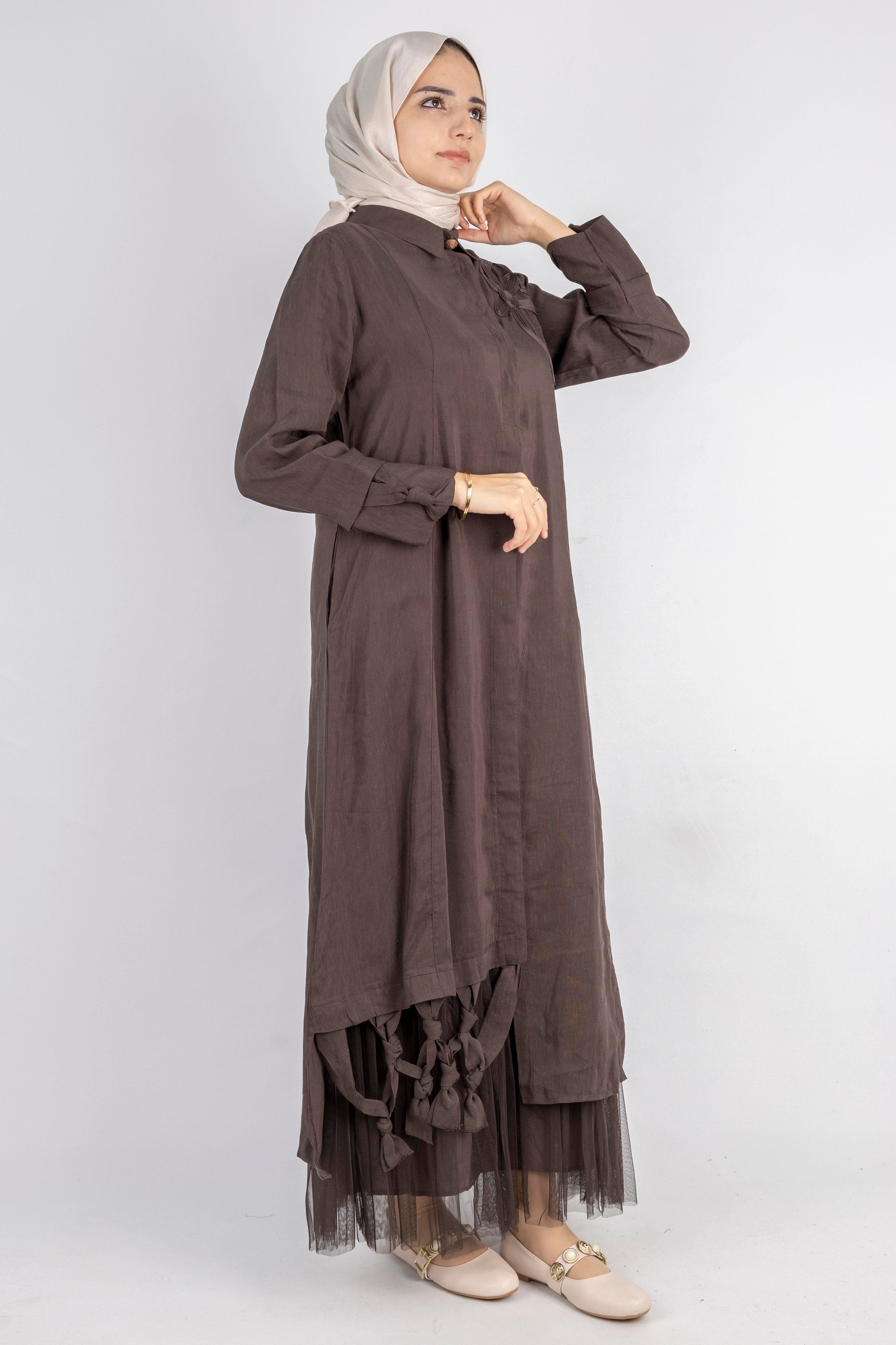 Çiçek Motifli Tül Detaylı Elbise Kahve OTW5536