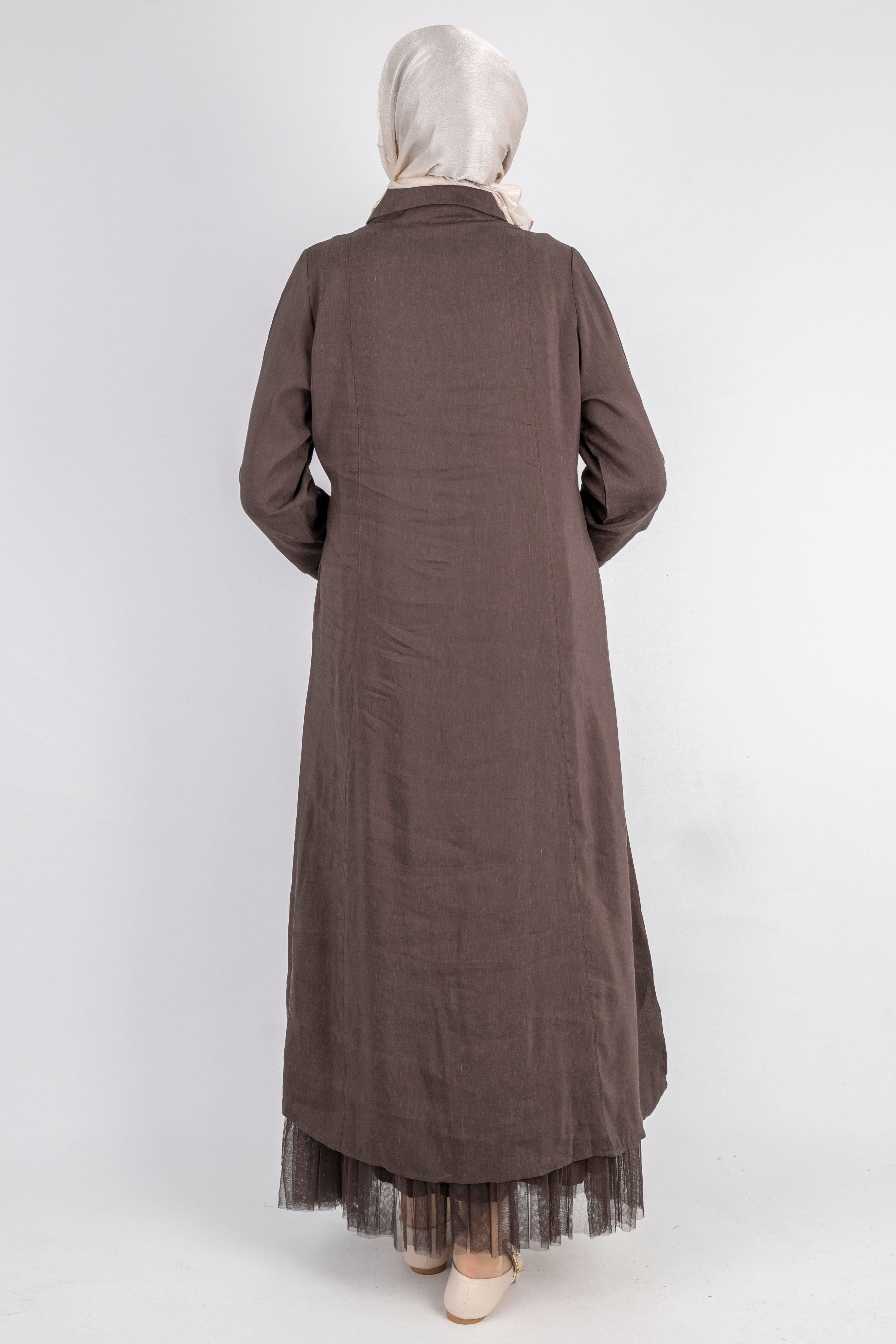 Çiçek Motifli Tül Detaylı Elbise Kahve OTW5536