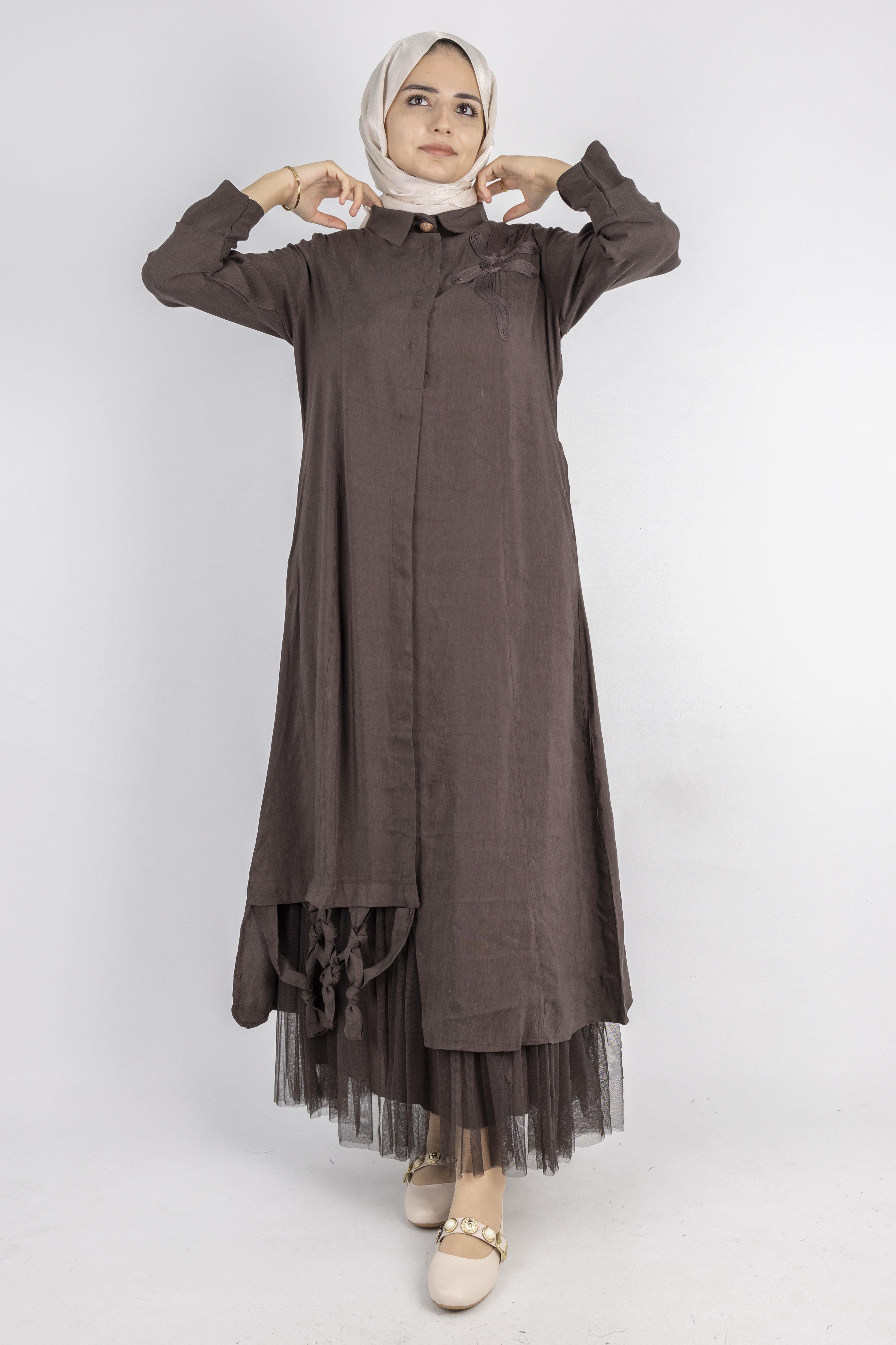 Çiçek Motifli Tül Detaylı Elbise Kahve OTW5536