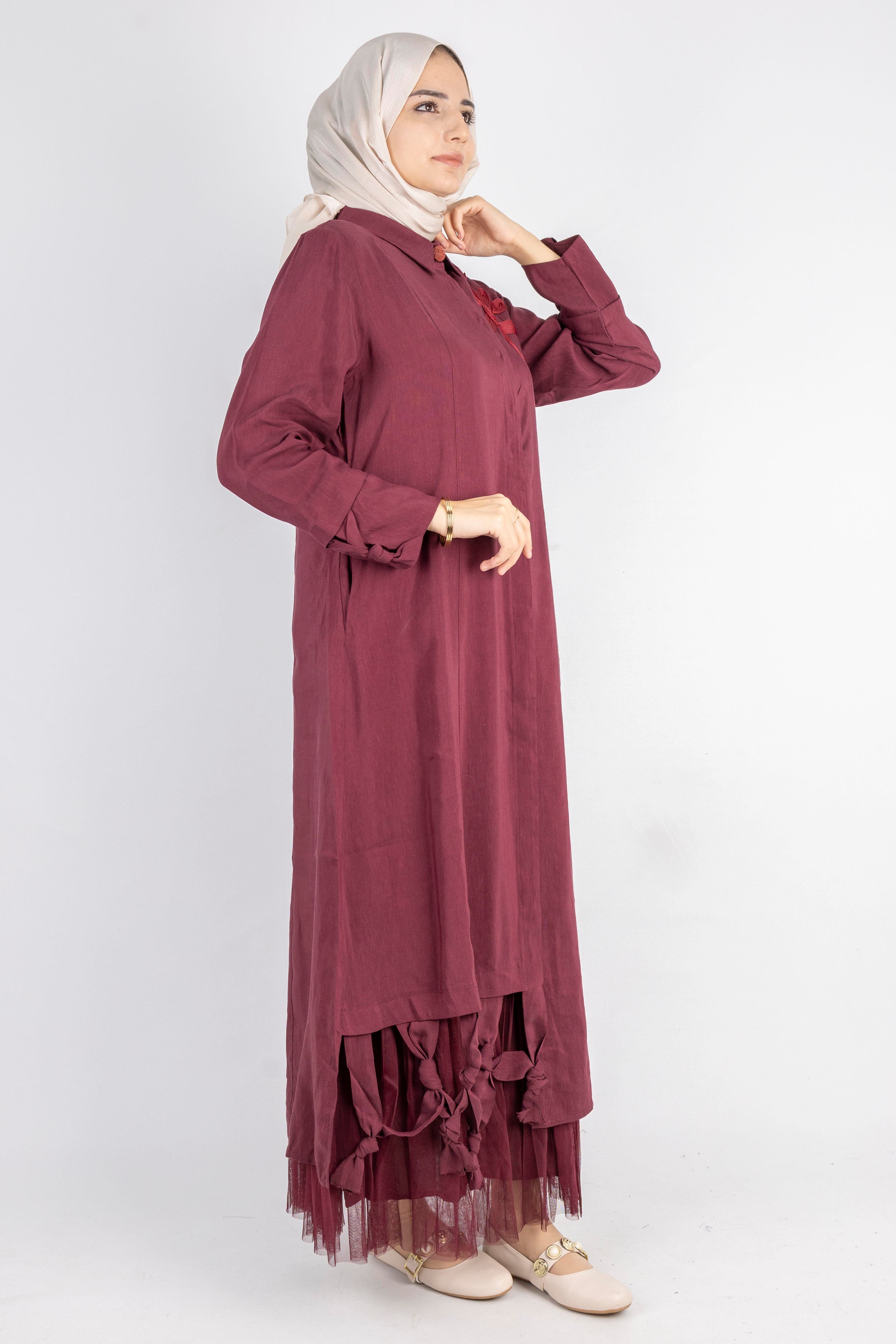 Çiçek Motifli Tül Detaylı Elbise Kırmızı OTW5536