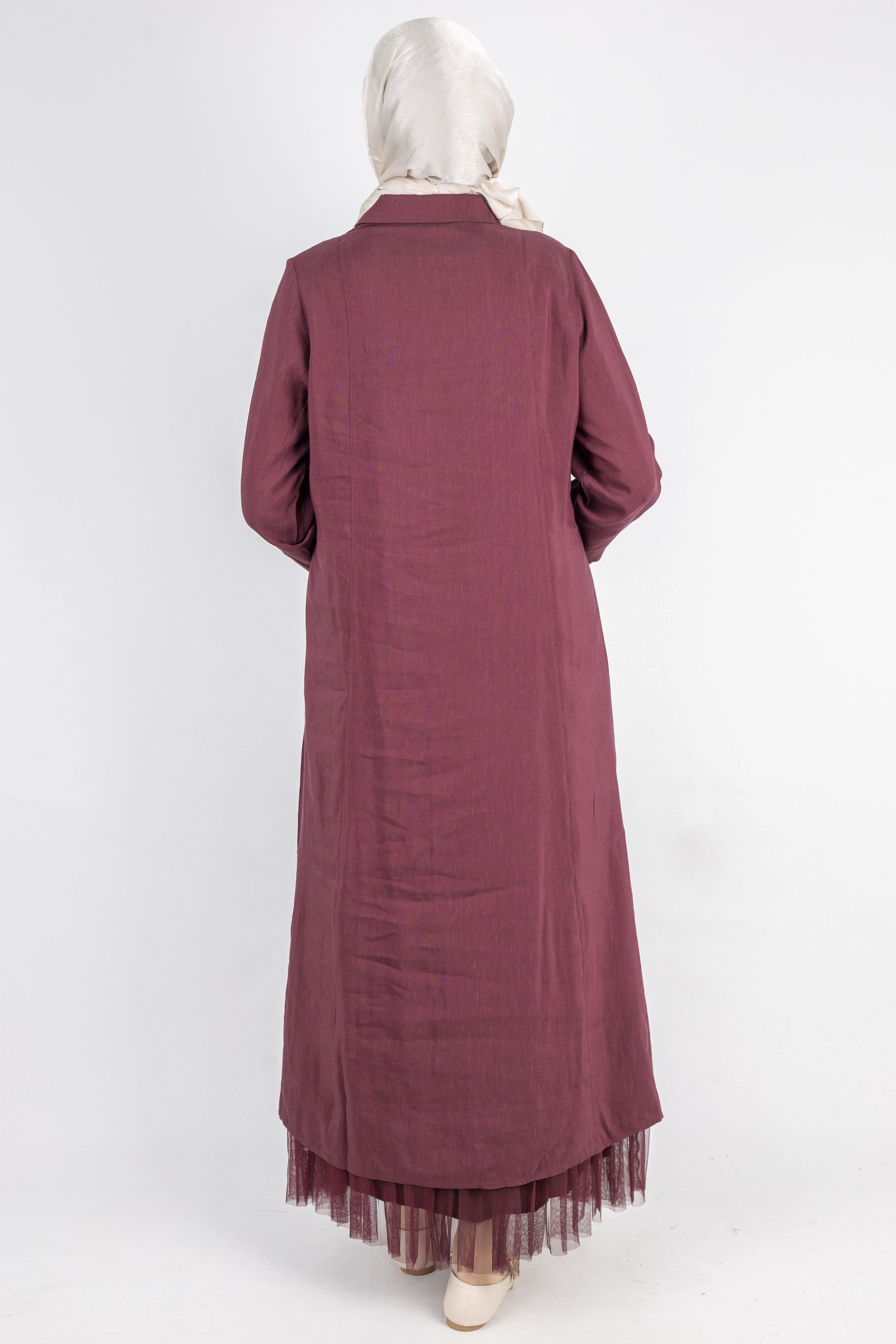 Çiçek Motifli Tül Detaylı Elbise Kırmızı OTW5536