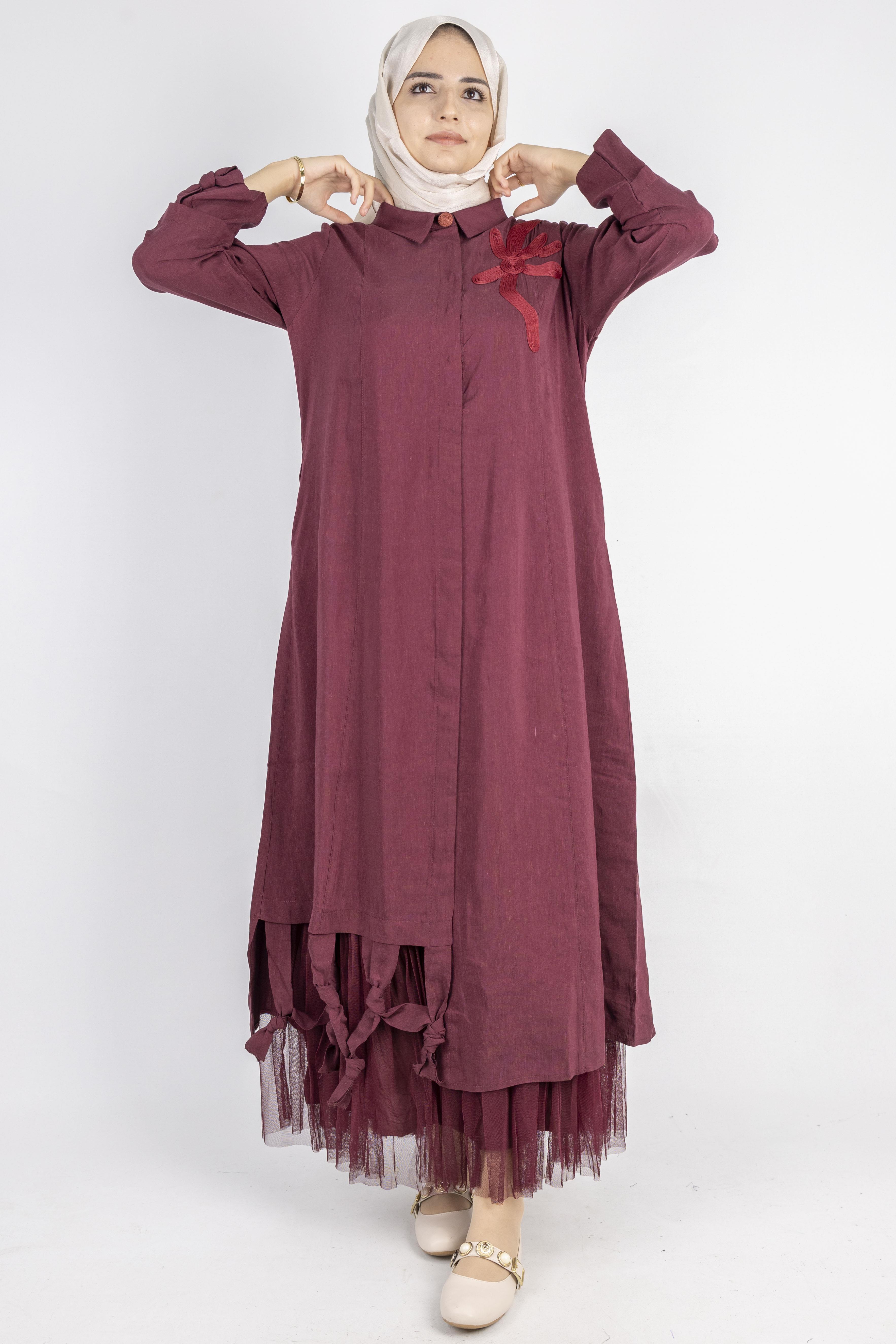 Çiçek Motifli Tül Detaylı Elbise Kırmızı OTW5536