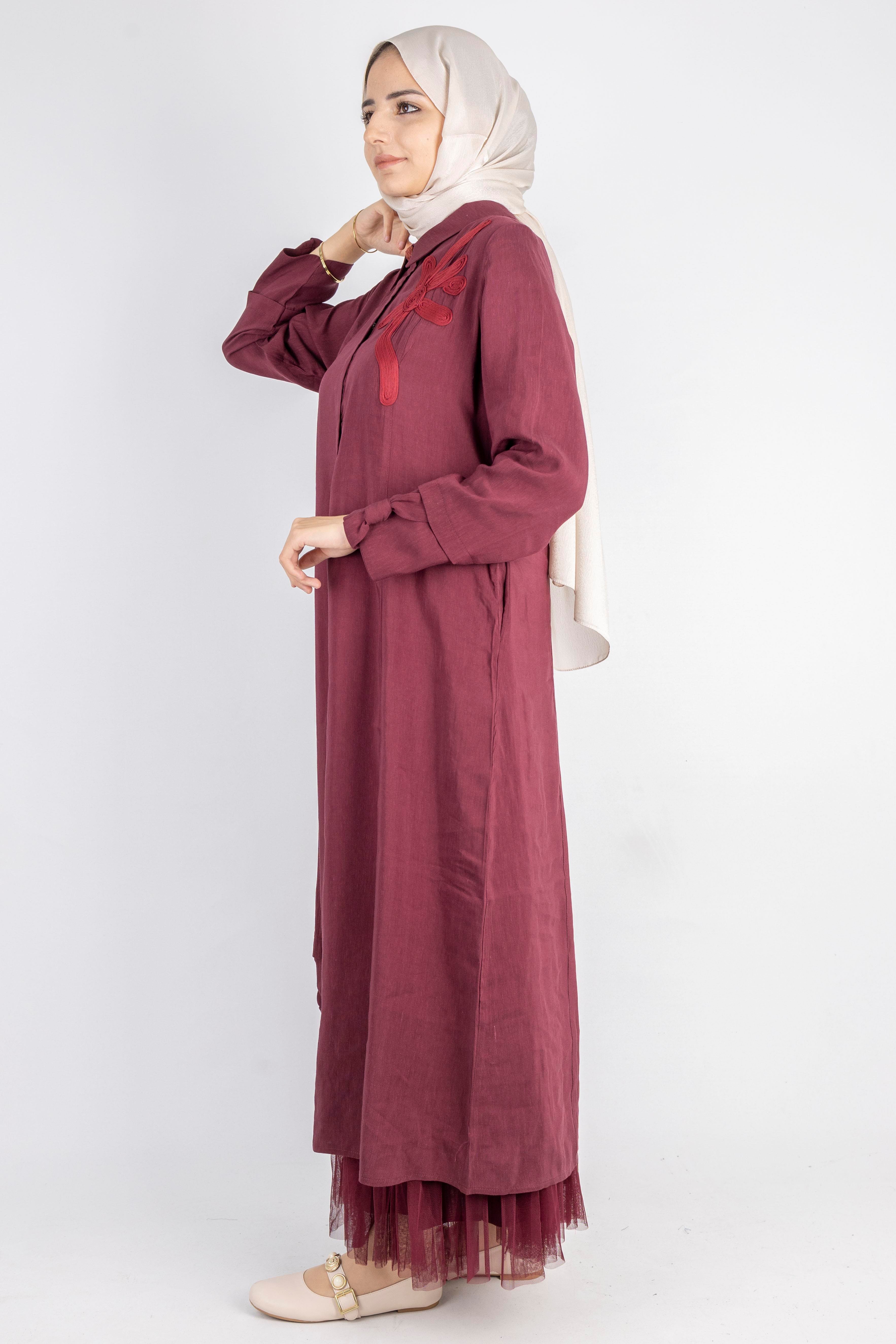 Çiçek Motifli Tül Detaylı Elbise Kırmızı OTW5536