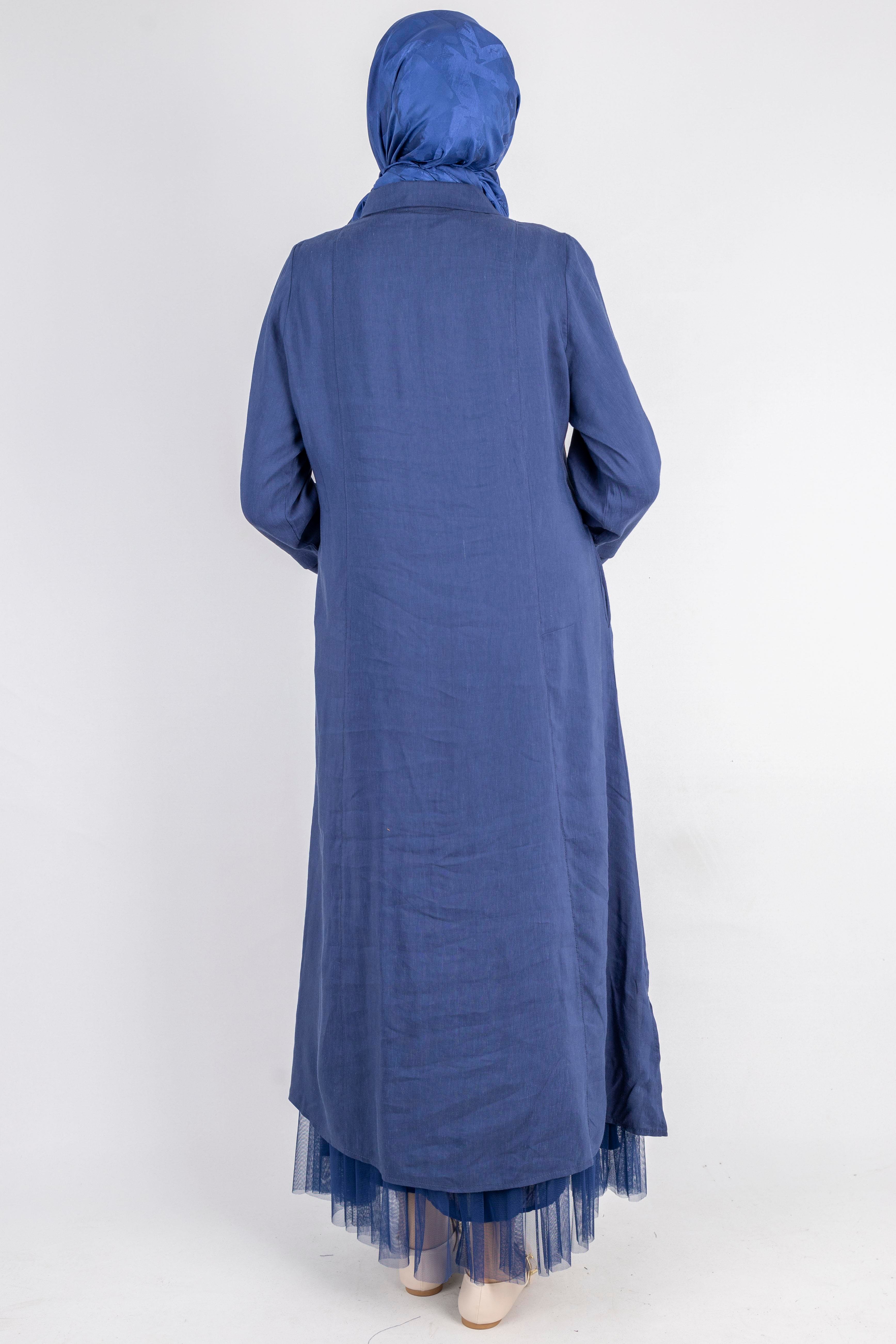 Çiçek Motifli Tül Detaylı Elbise Lacivert OTW5536