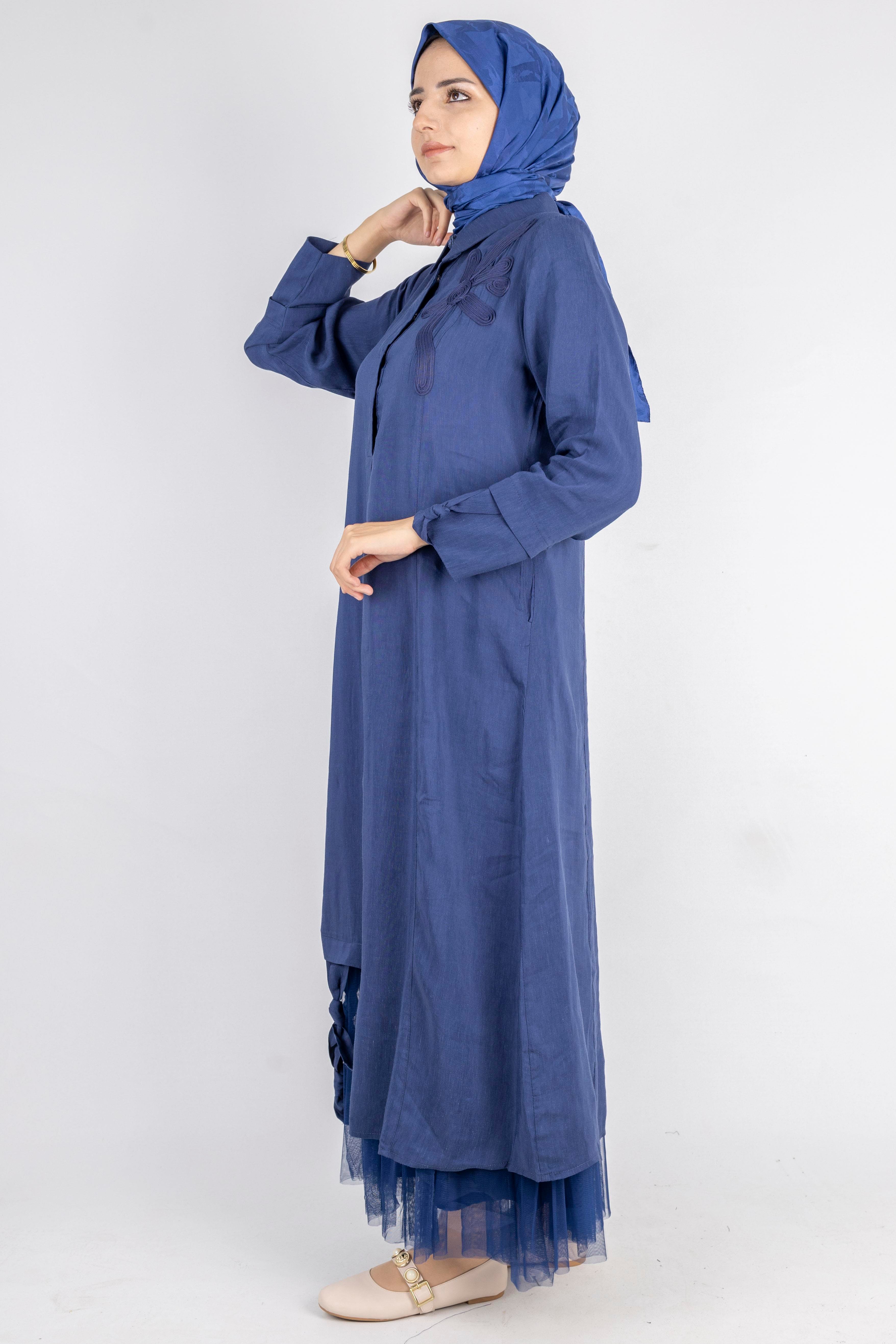 Çiçek Motifli Tül Detaylı Elbise Lacivert OTW5536