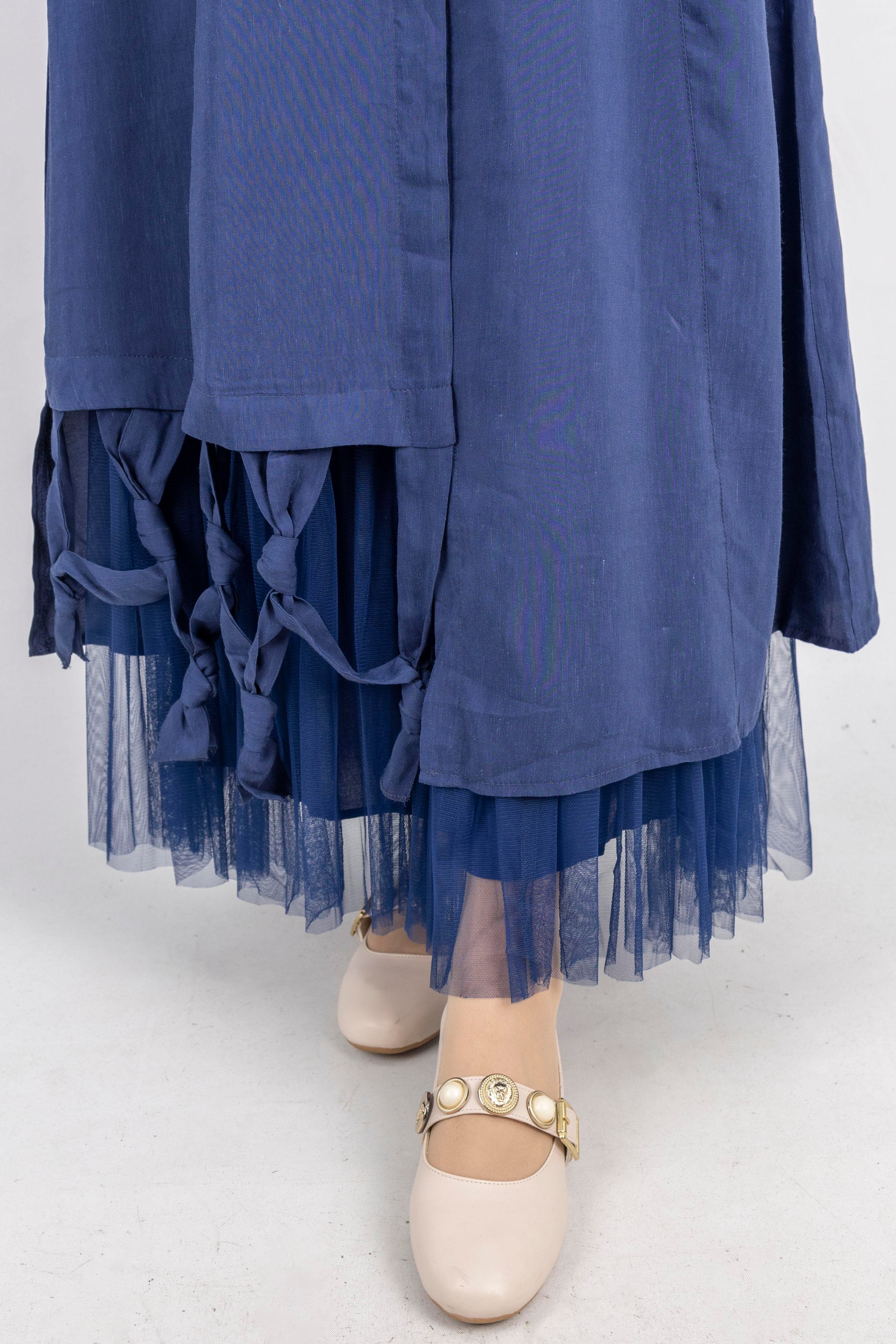 Çiçek Motifli Tül Detaylı Elbise Lacivert OTW5536