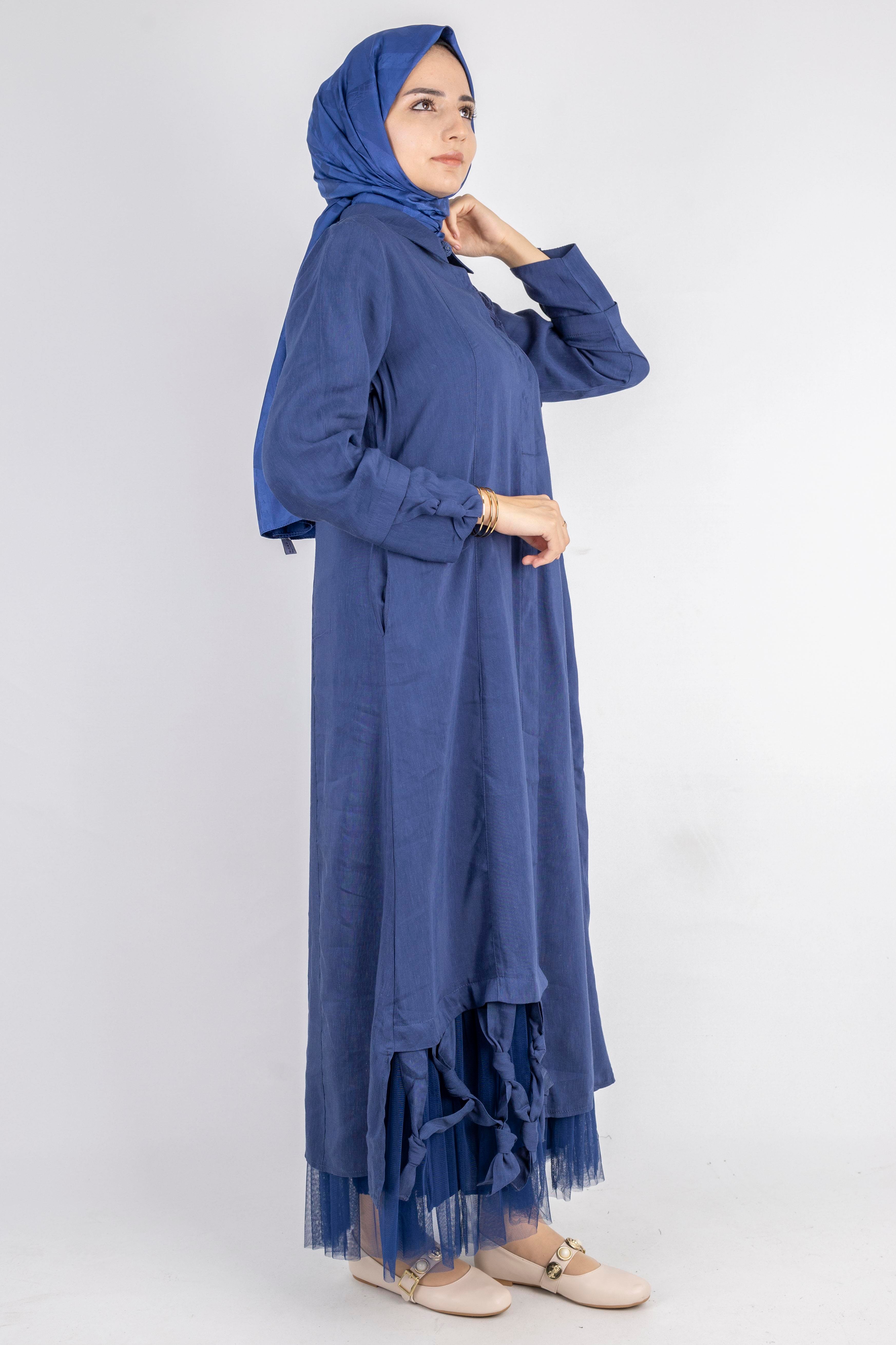 Çiçek Motifli Tül Detaylı Elbise Lacivert OTW5536