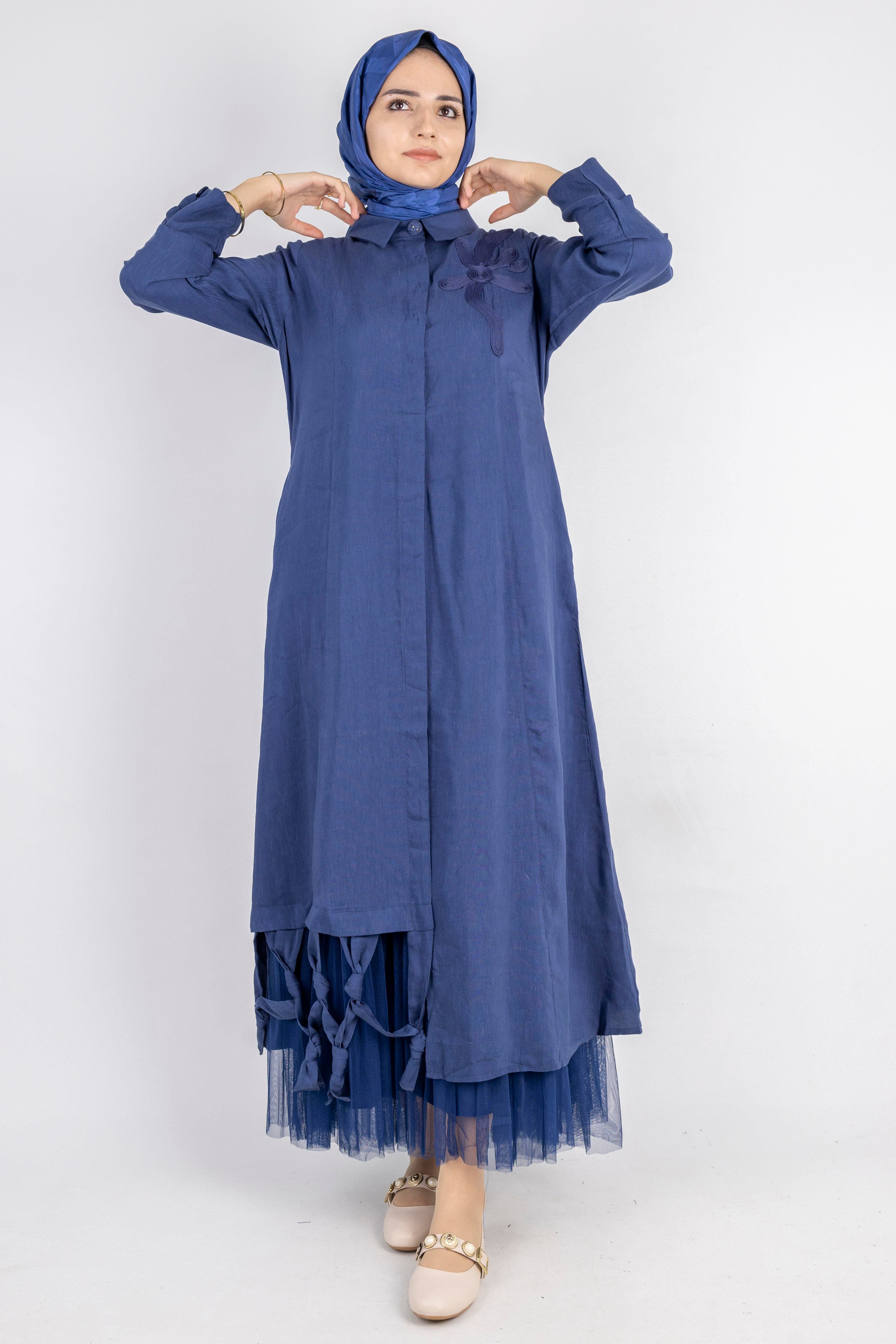 Çiçek Motifli Tül Detaylı Elbise Lacivert OTW5536