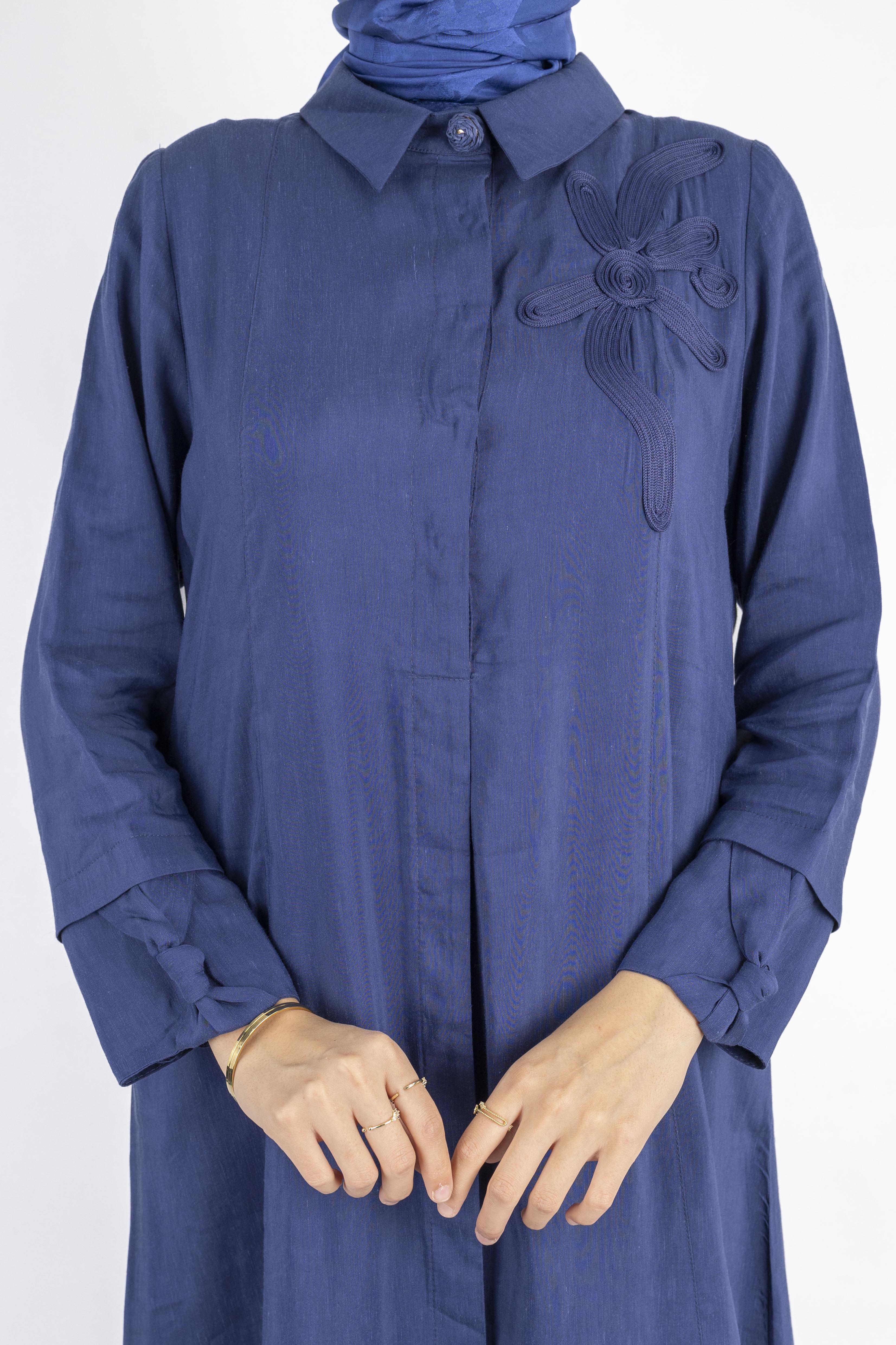 Çiçek Motifli Tül Detaylı Elbise Lacivert OTW5536