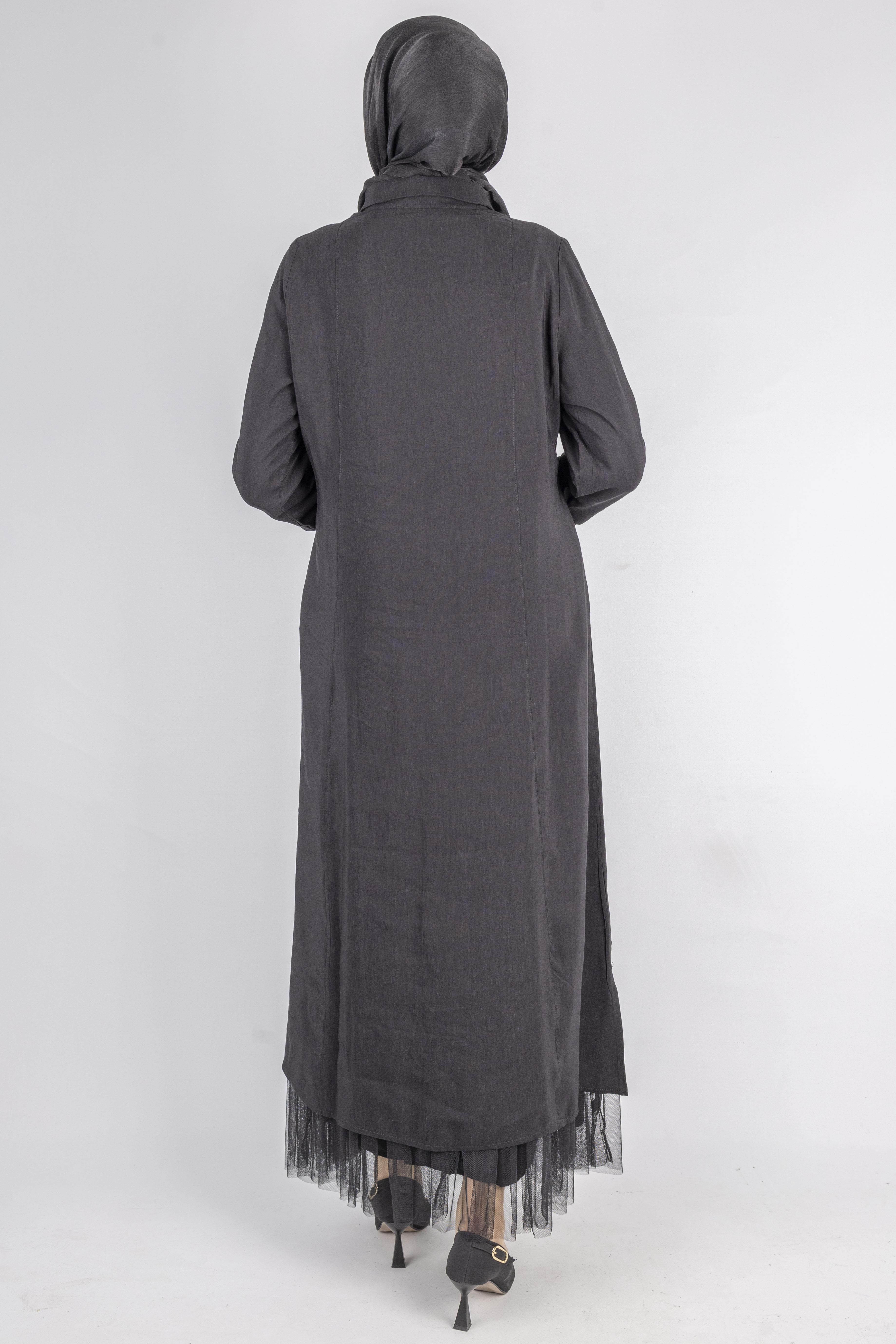 Çiçek Motifli Tül Detaylı Elbise Siyah OTW5536