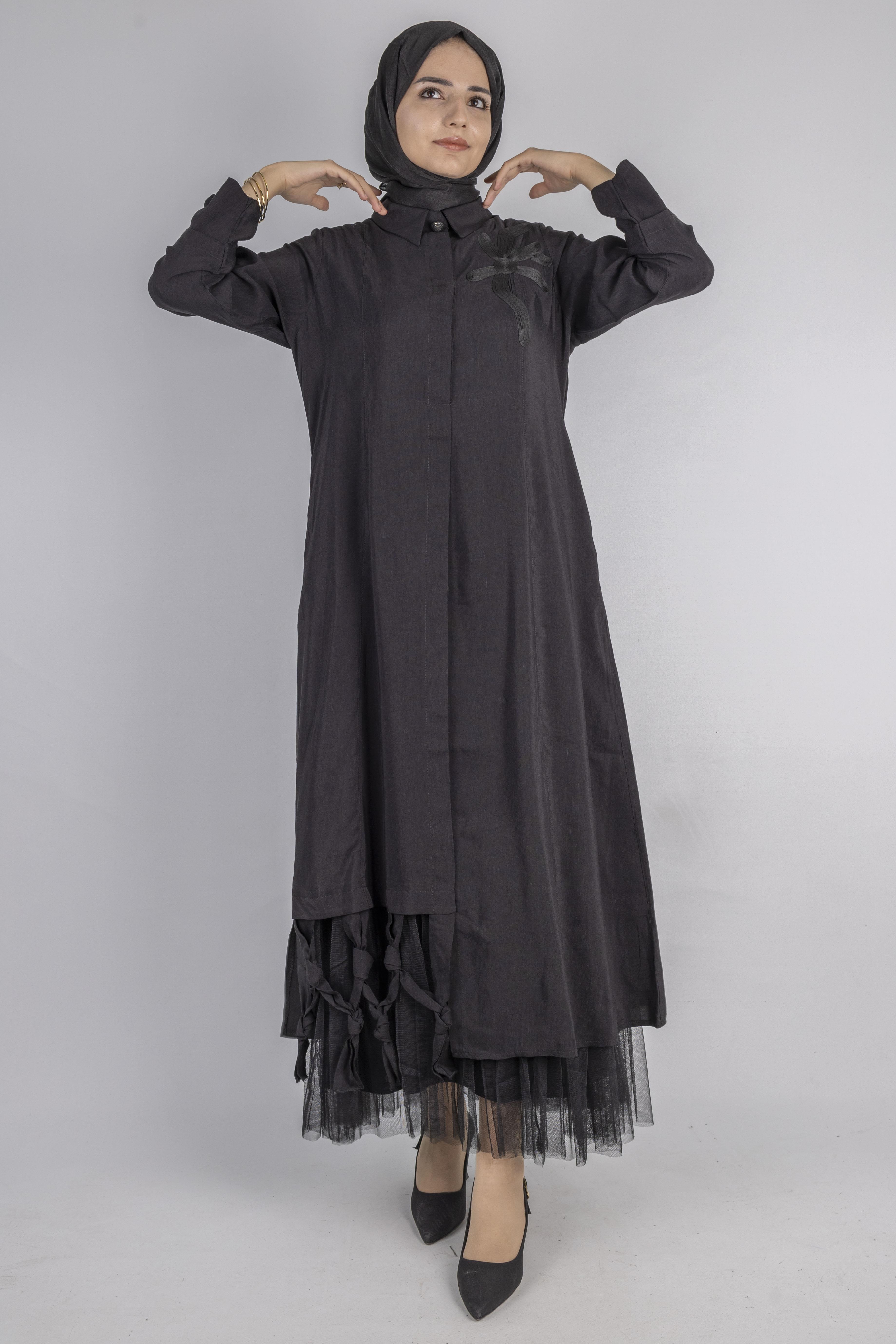 Çiçek Motifli Tül Detaylı Elbise Siyah OTW5536