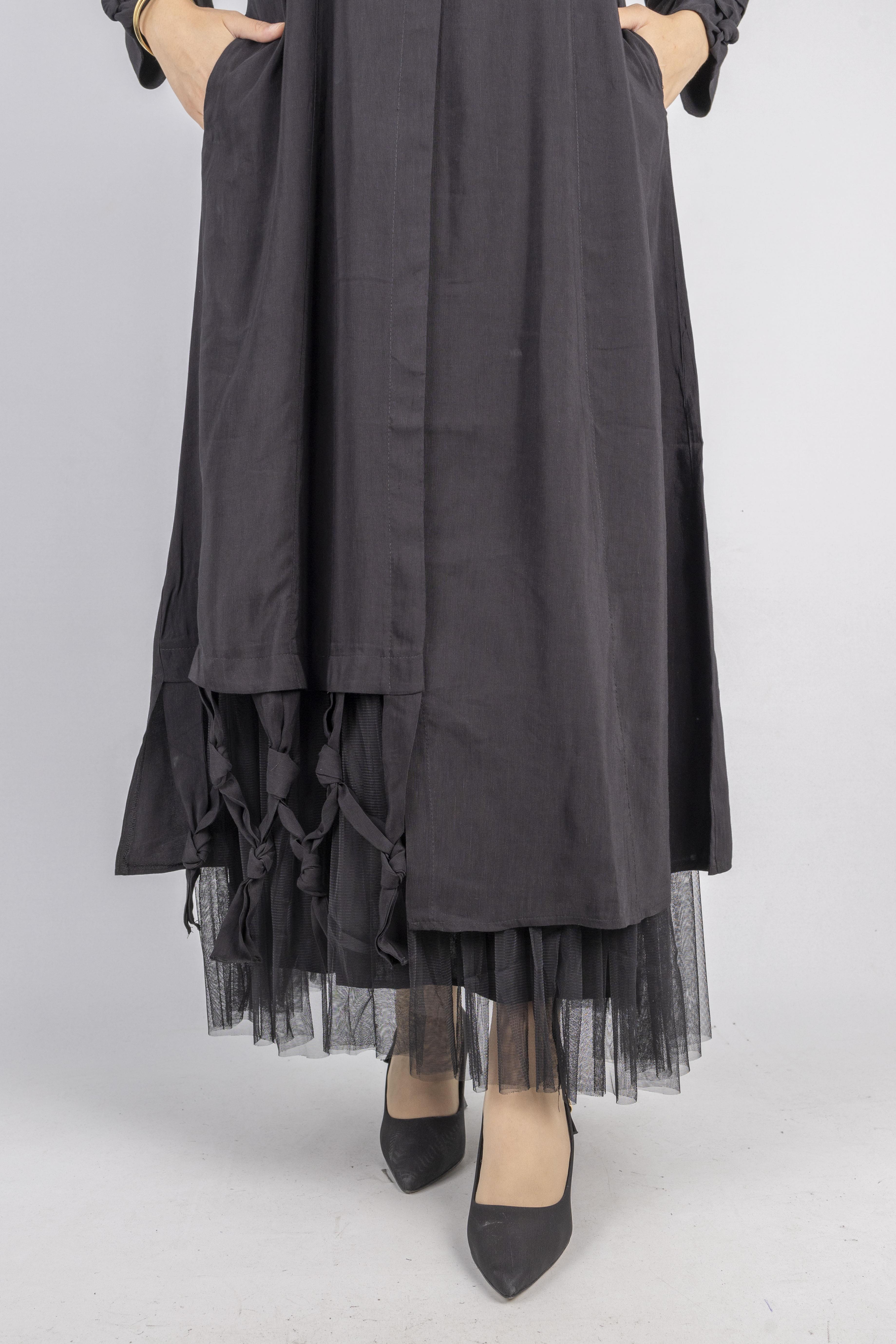 Çiçek Motifli Tül Detaylı Elbise Siyah OTW5536