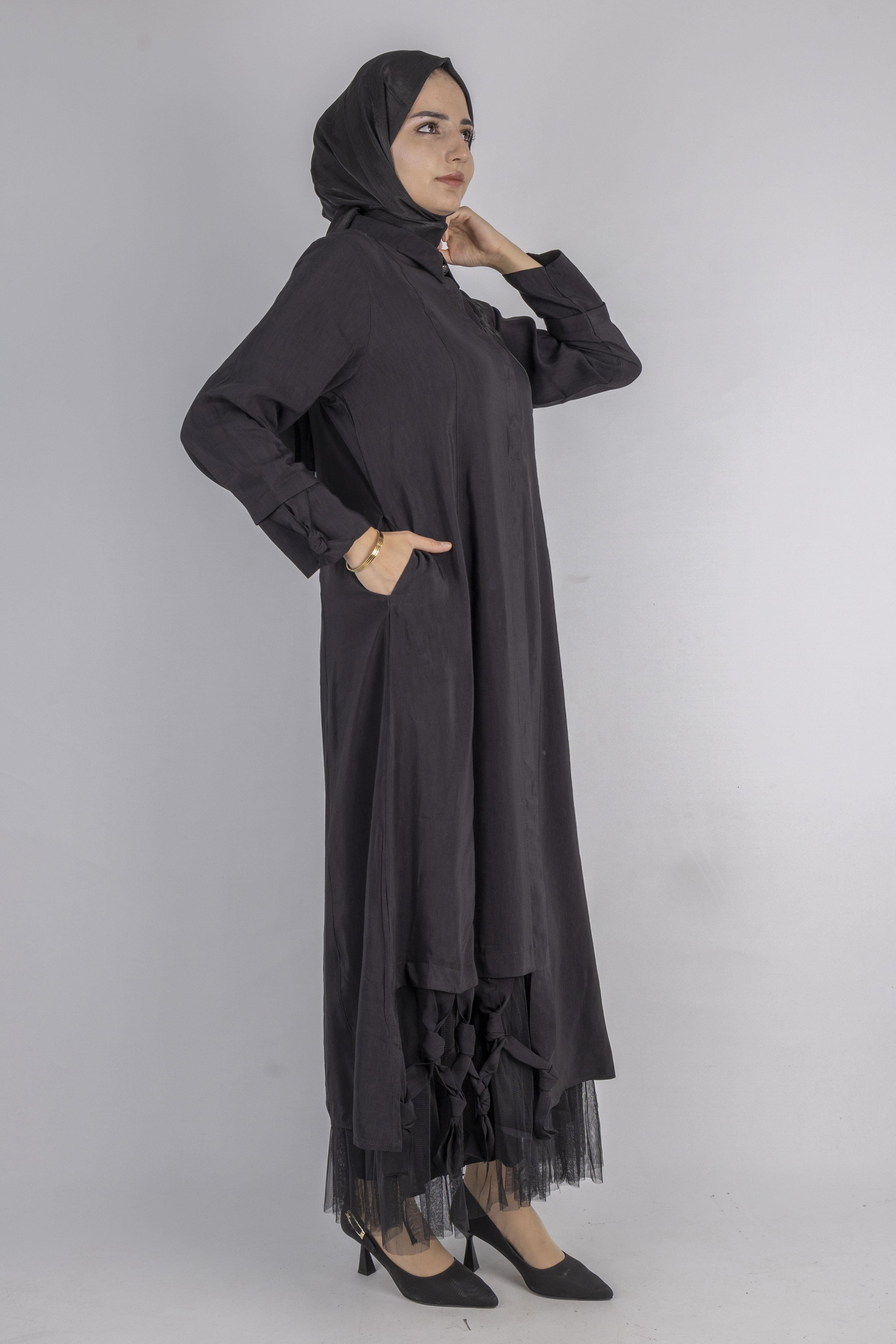 Çiçek Motifli Tül Detaylı Elbise Siyah OTW5536