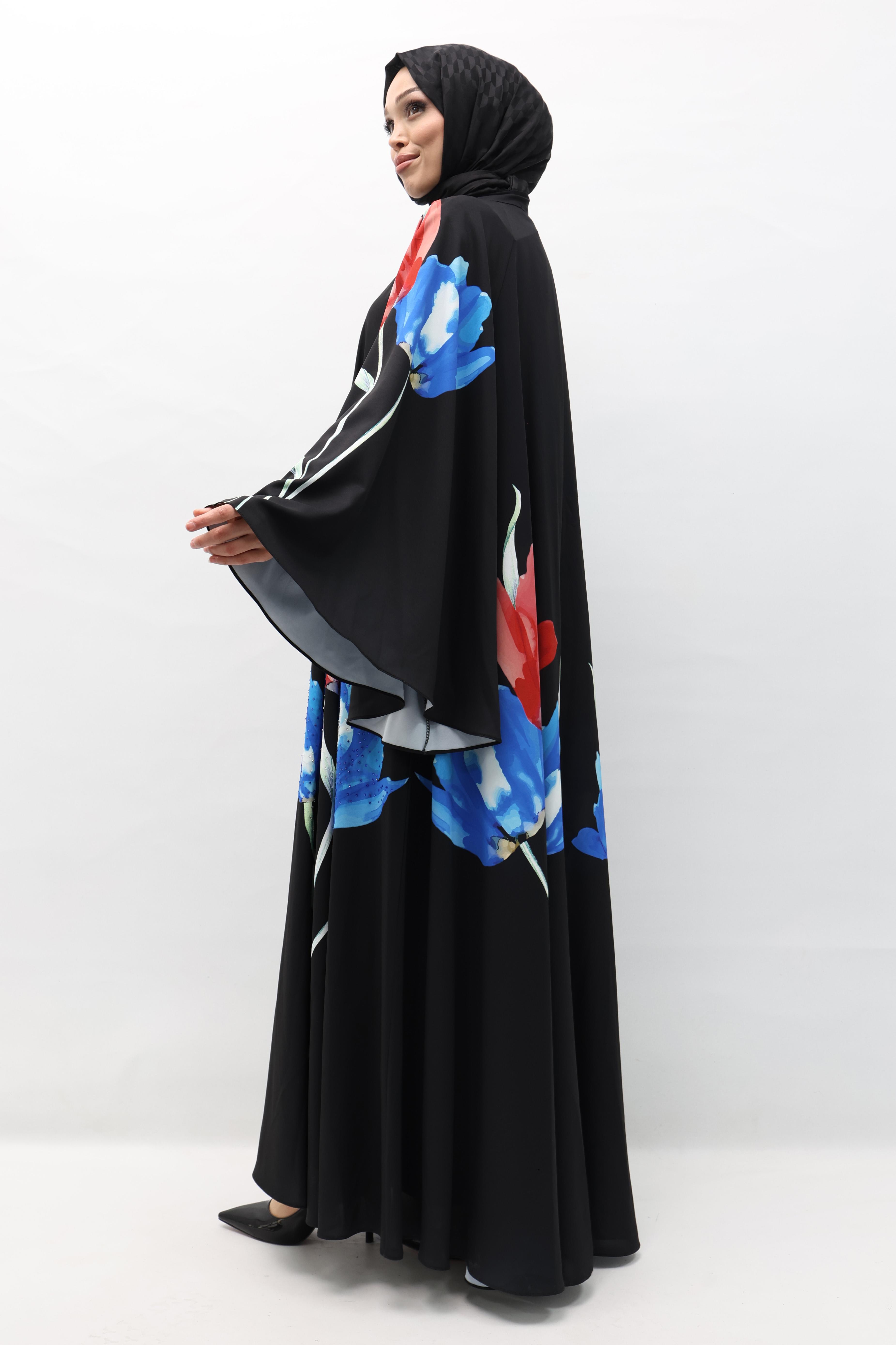 Çiçekli Saten Ferace Siyah OTW339